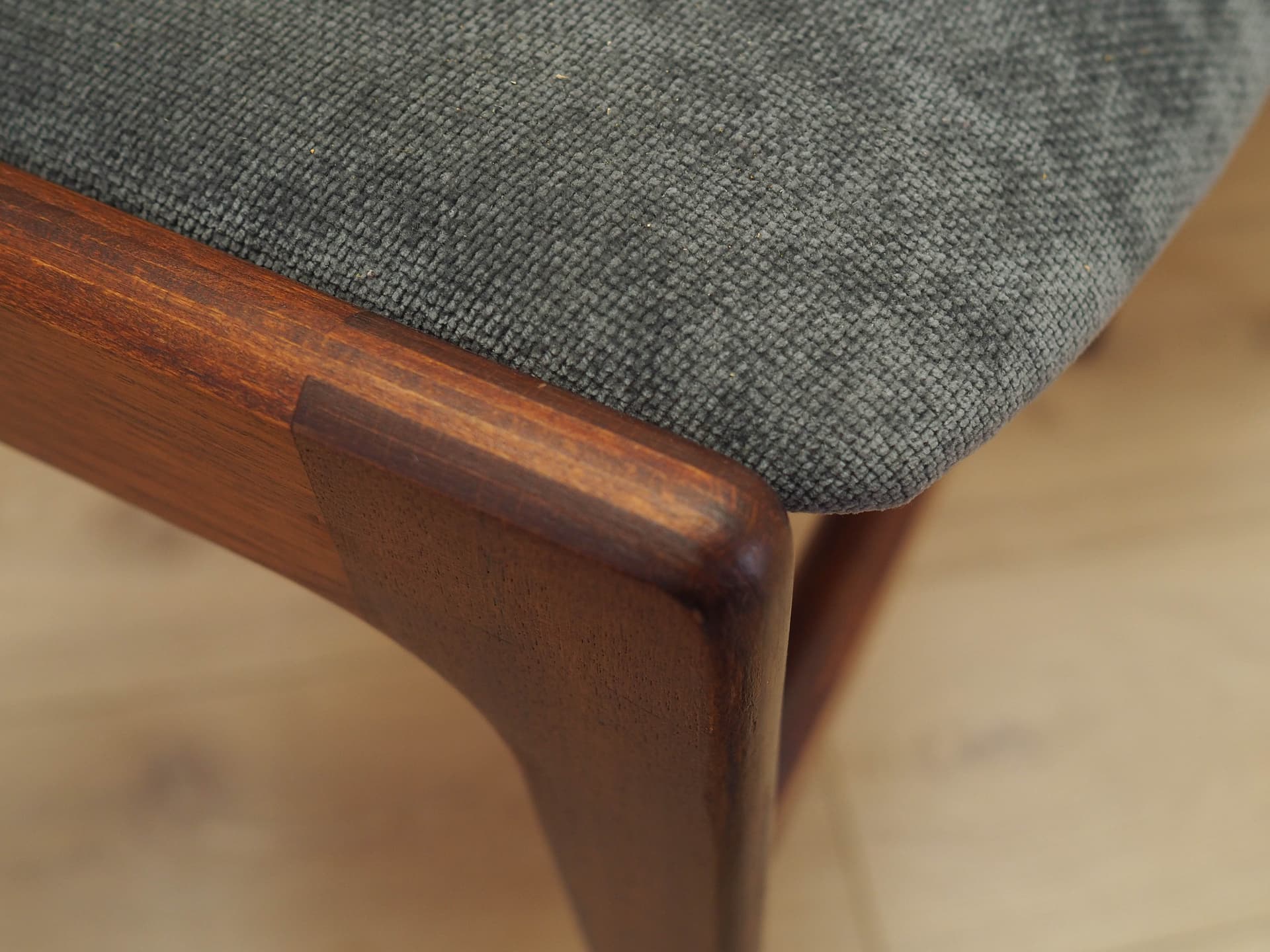 Set of four chairs, brown teak, grey fabric, Denmark, 1970s. - 333447
