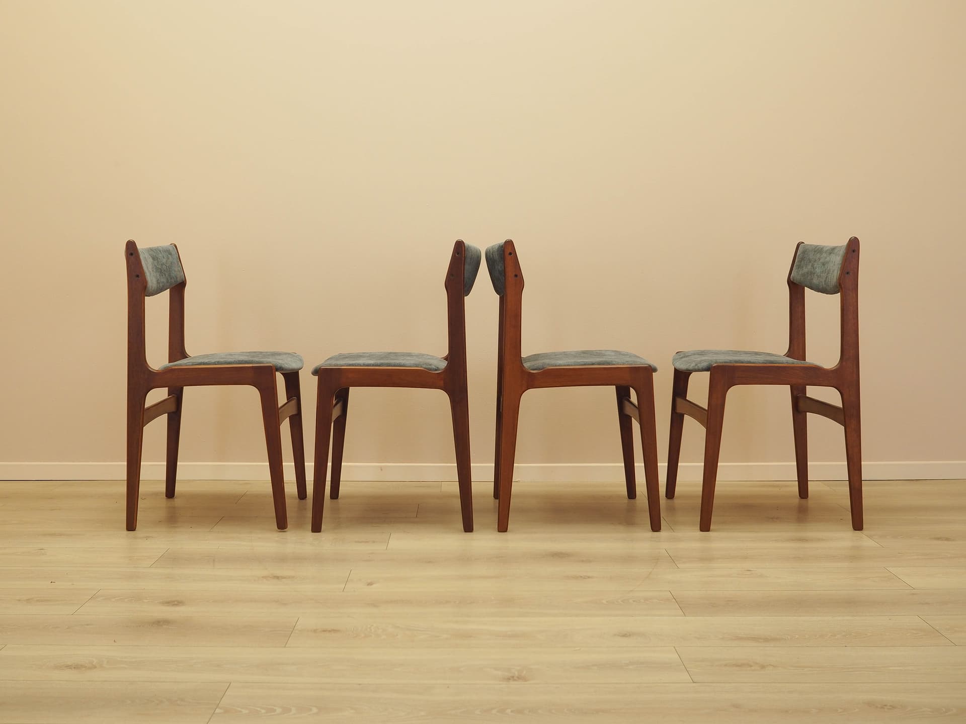 Set of four chairs, brown teak, grey fabric, Denmark, 1970s. - 333440