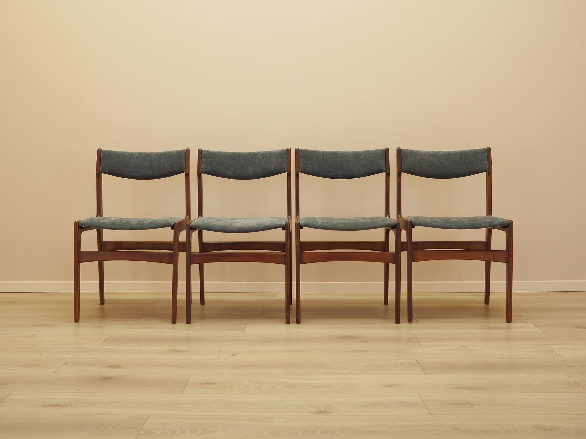 Set of four chairs, brown teak, grey fabric, Denmark, 1970s. - 333439