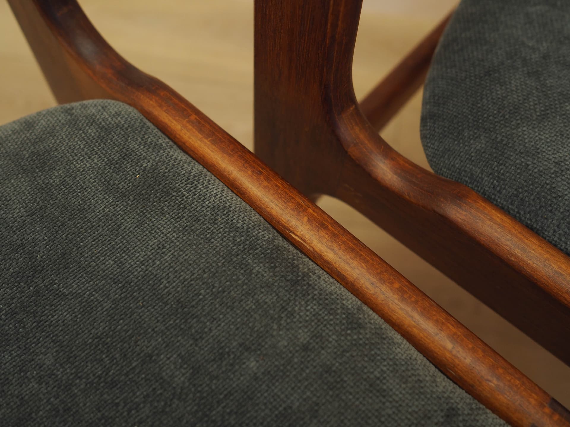 Set of four chairs, brown teak, grey fabric, Denmark, 1970s. - 333450