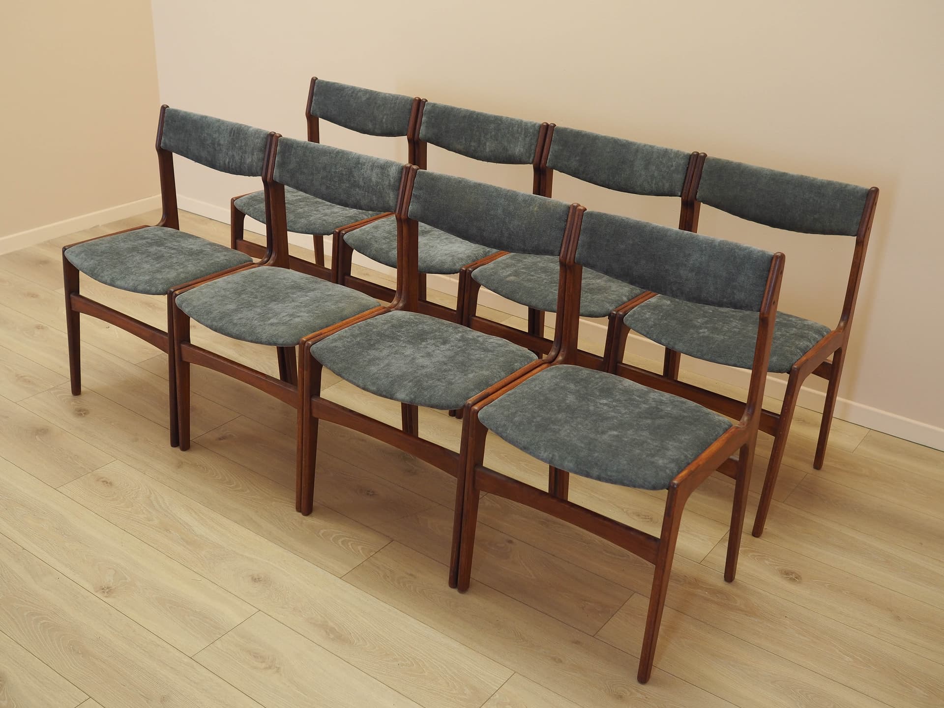 Set of four chairs, brown teak, grey fabric, Denmark, 1970s. - 333442
