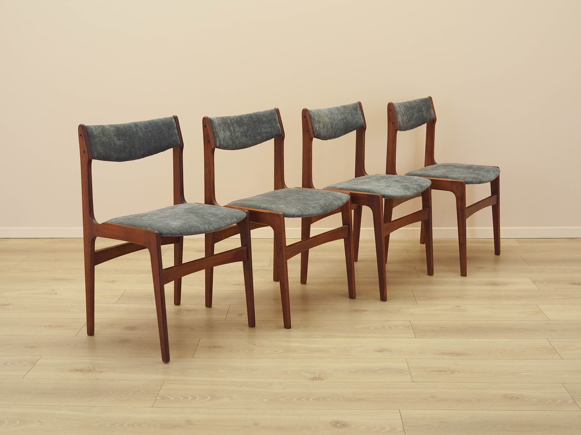 Set of four chairs, brown teak, grey fabric, Denmark, 1970s. - 333443