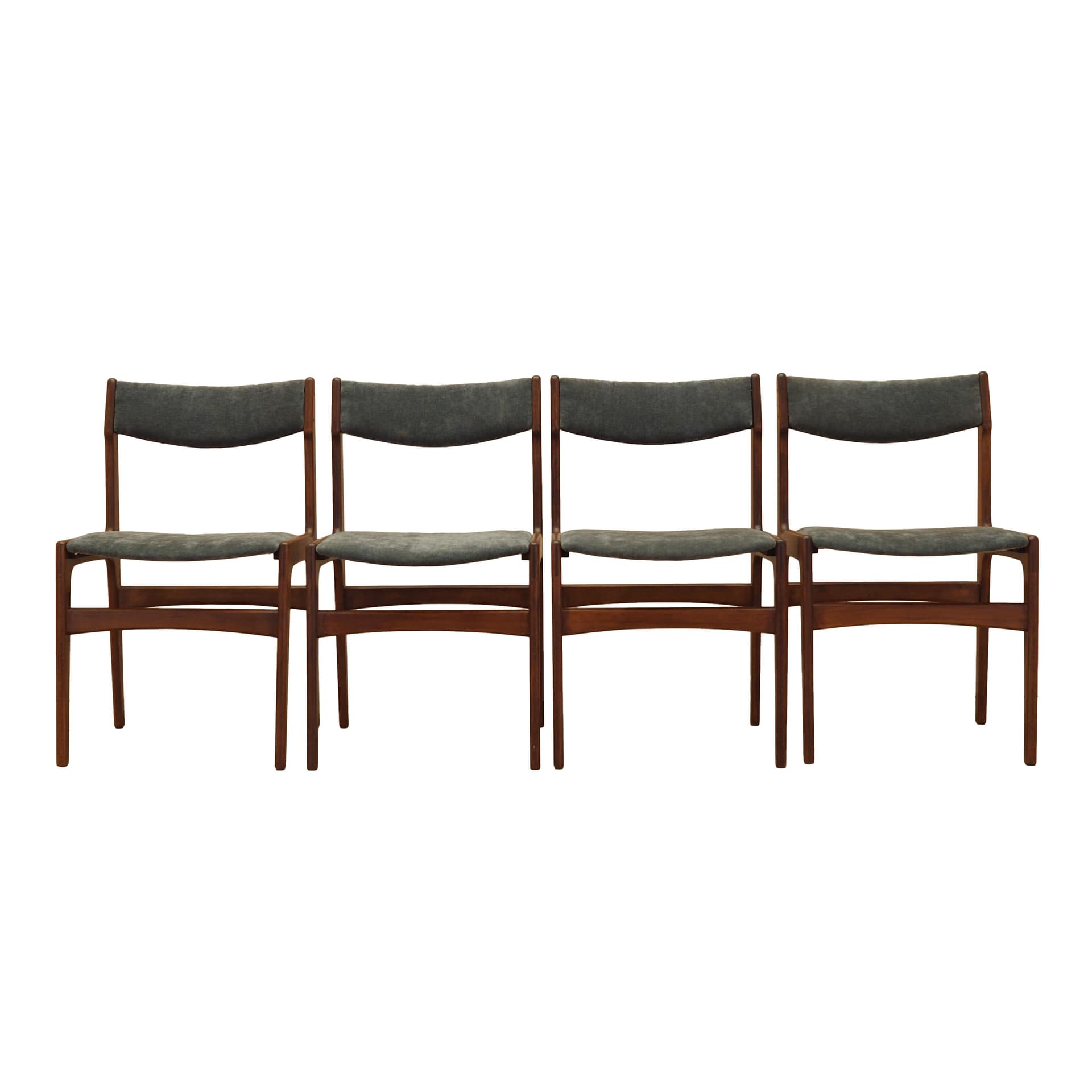 Set of four chairs, brown teak, grey fabric, Denmark, 1970s.