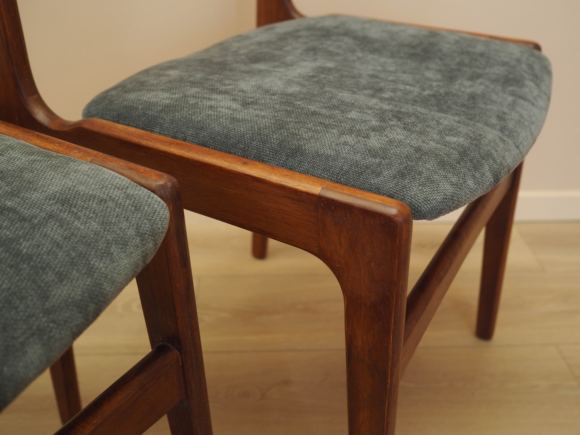 Set of four chairs, brown teak, grey fabric, Denmark, 1970s. - 333449