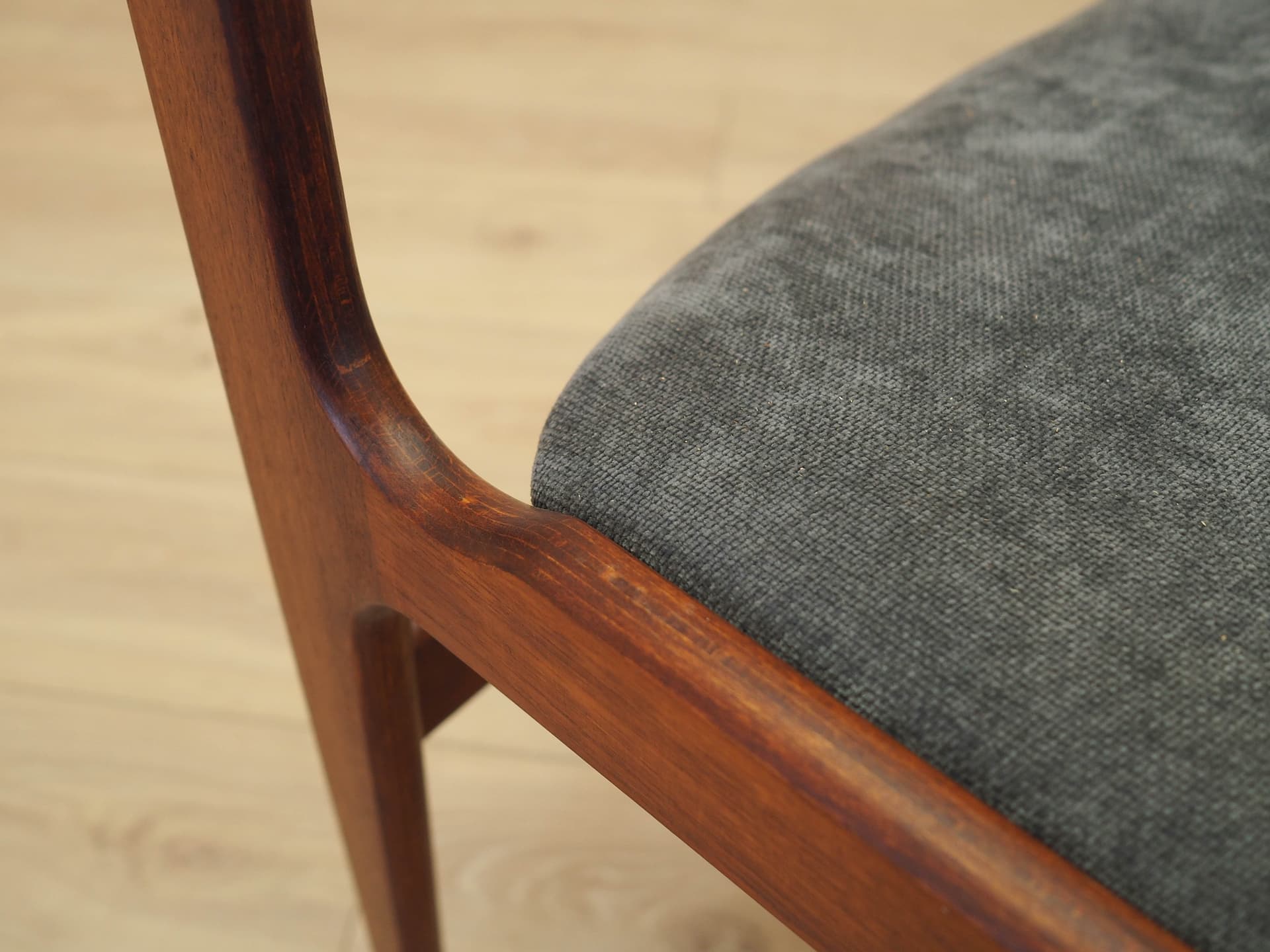 Set of four chairs, brown teak, grey fabric, Denmark, 1970s. - 333446