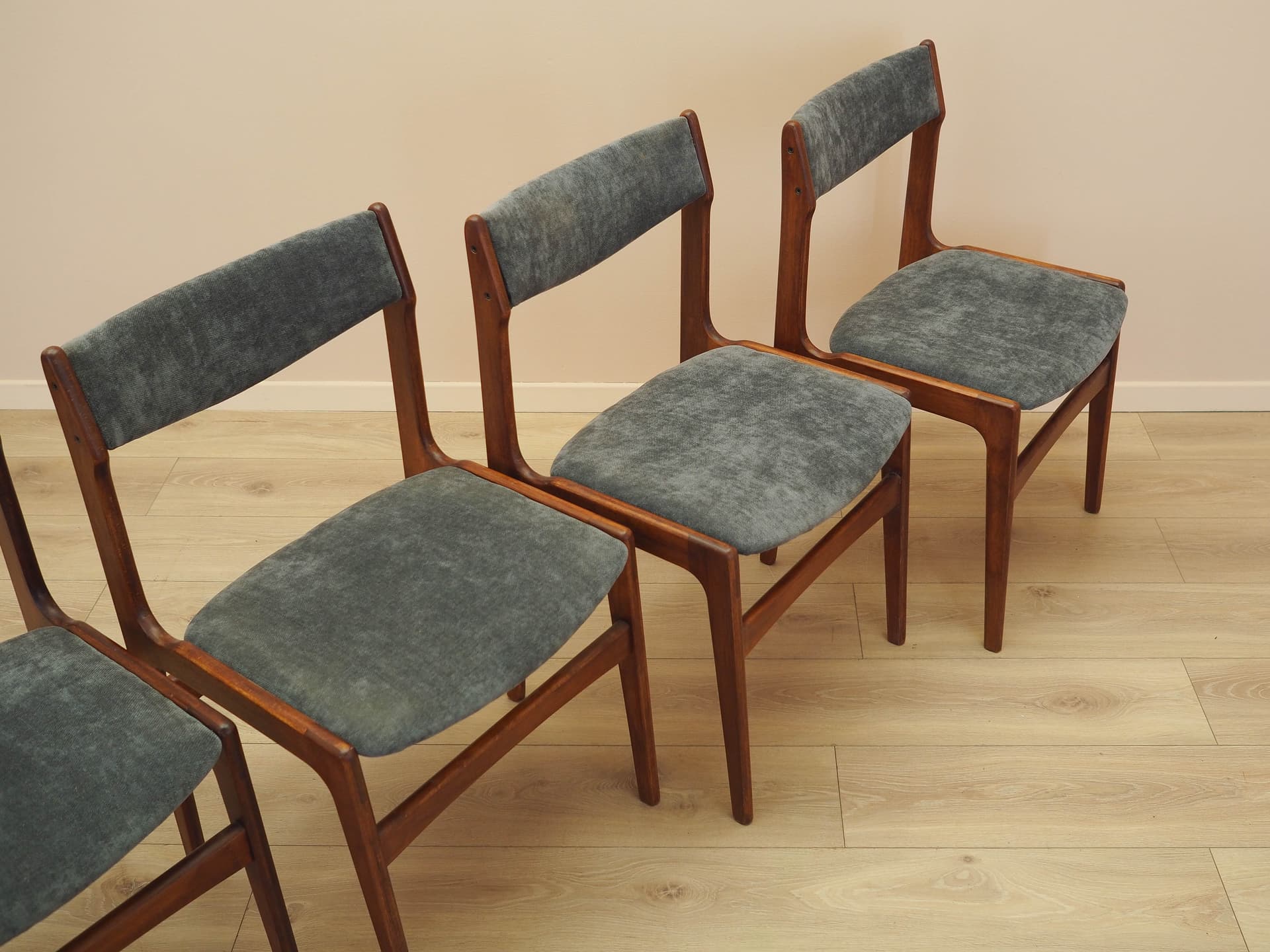 Set of four chairs, brown teak, grey fabric, Denmark, 1970s. - 333445