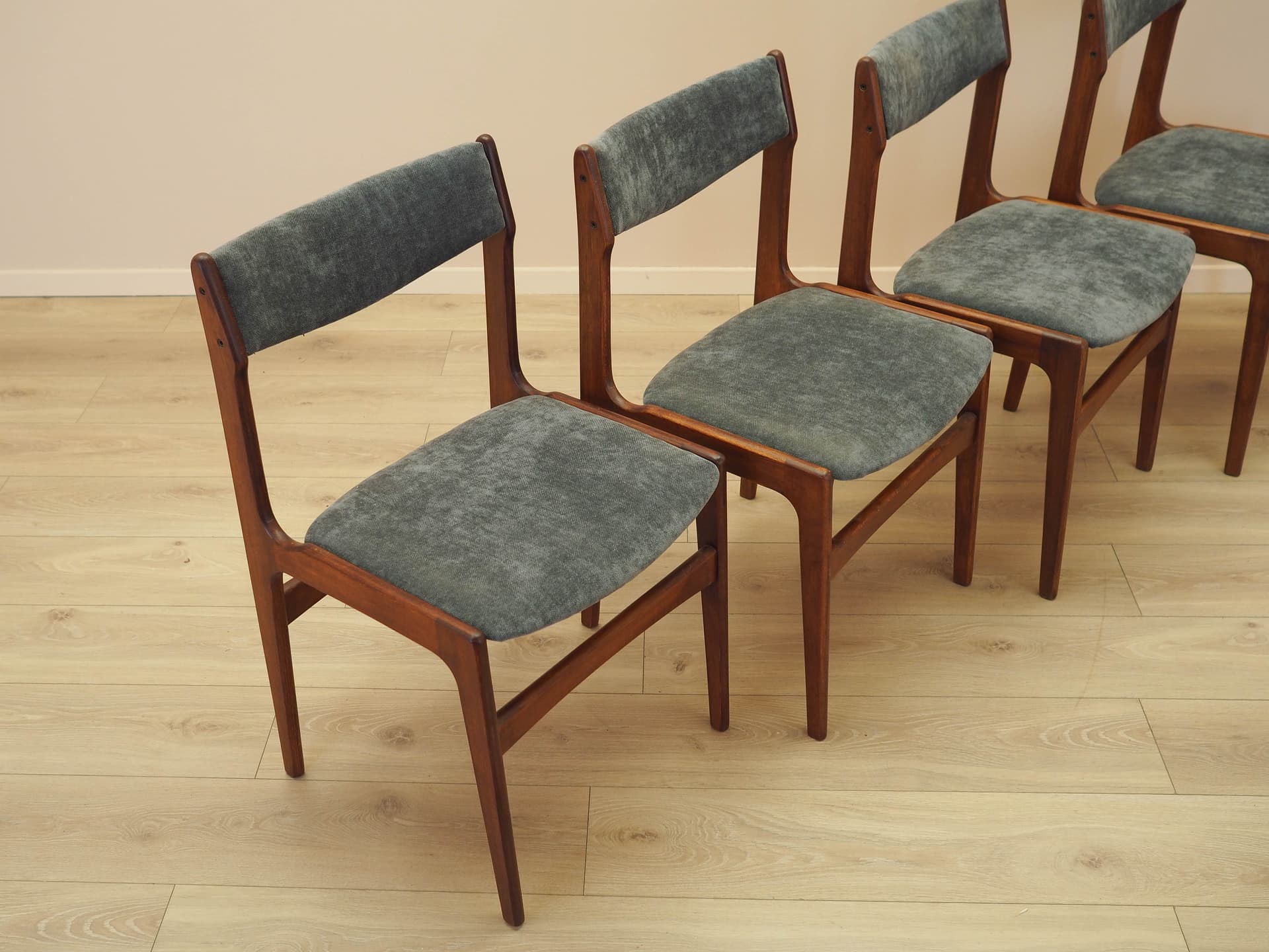 Set of four chairs, brown teak, grey fabric, Denmark, 1970s. - 333444