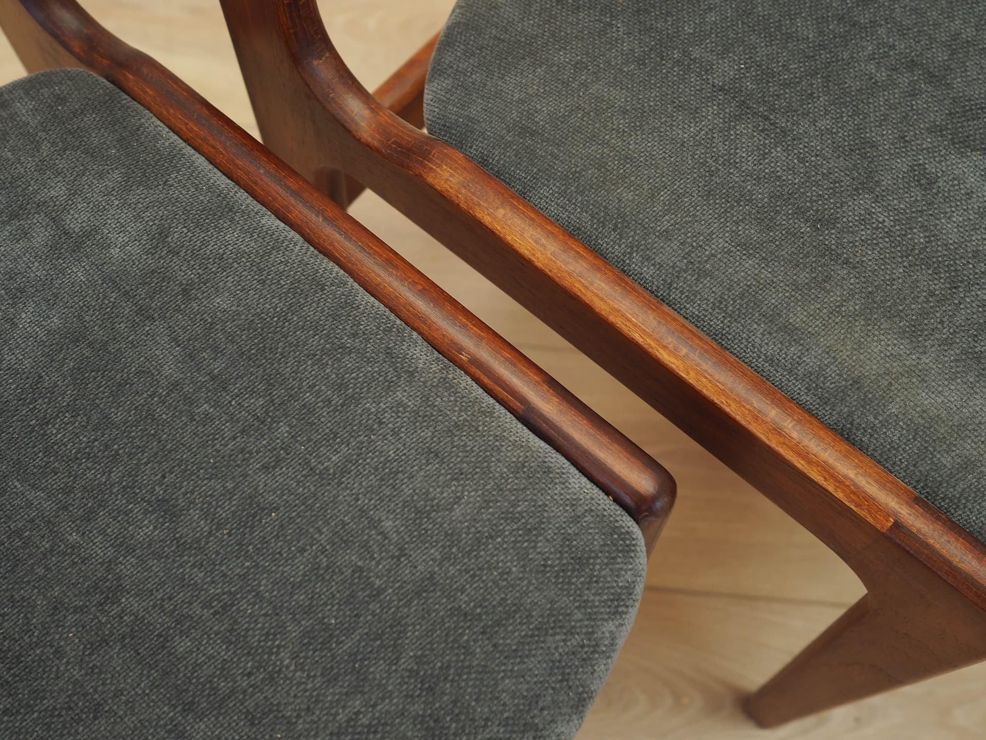 Set of four chairs, brown teak, grey fabric, Denmark, 1970s. - 333448