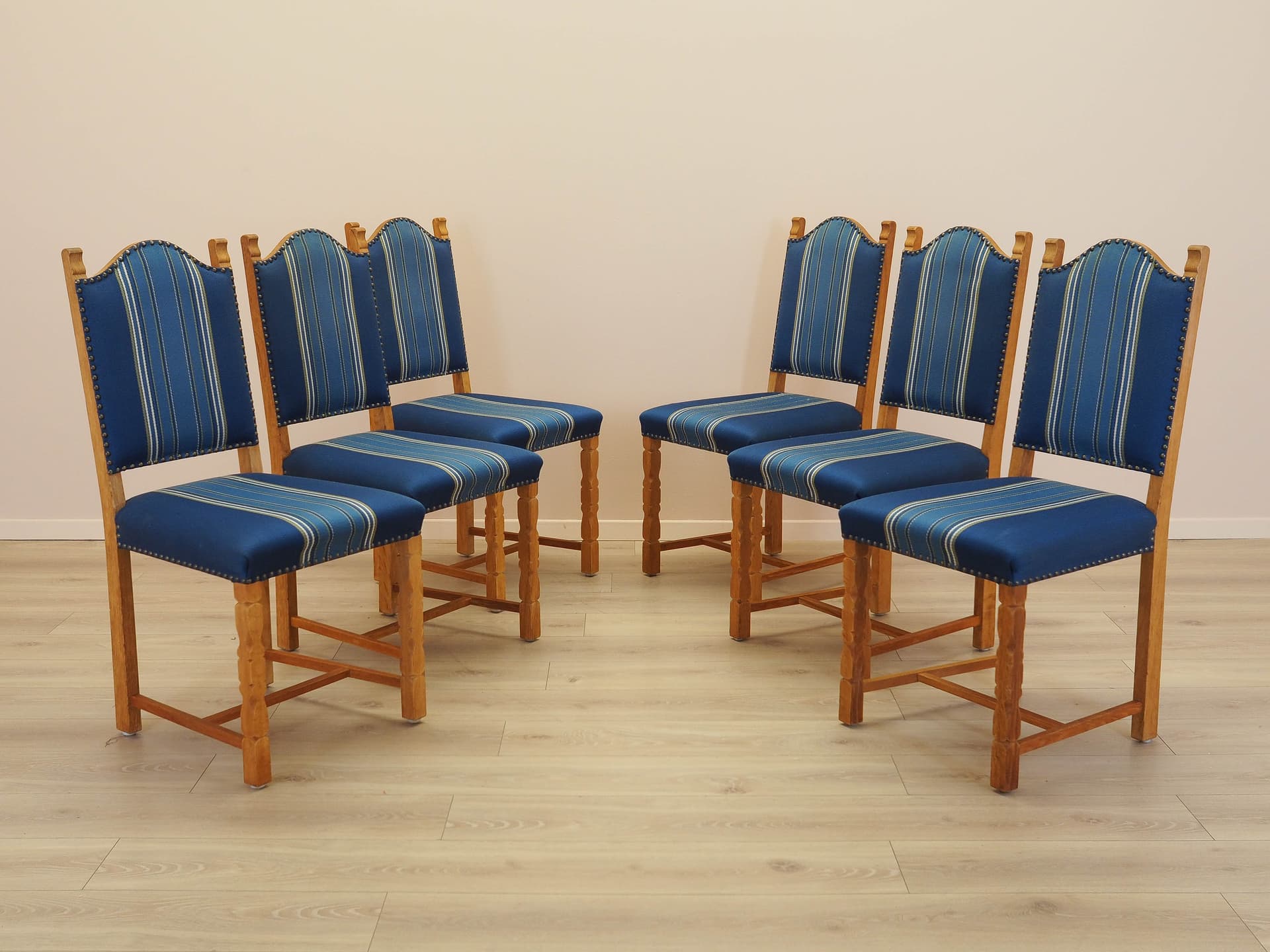 Set of six chairs, oak, blue fabric, by H. Kjaernulf, Denmark, 1960s. - 333484