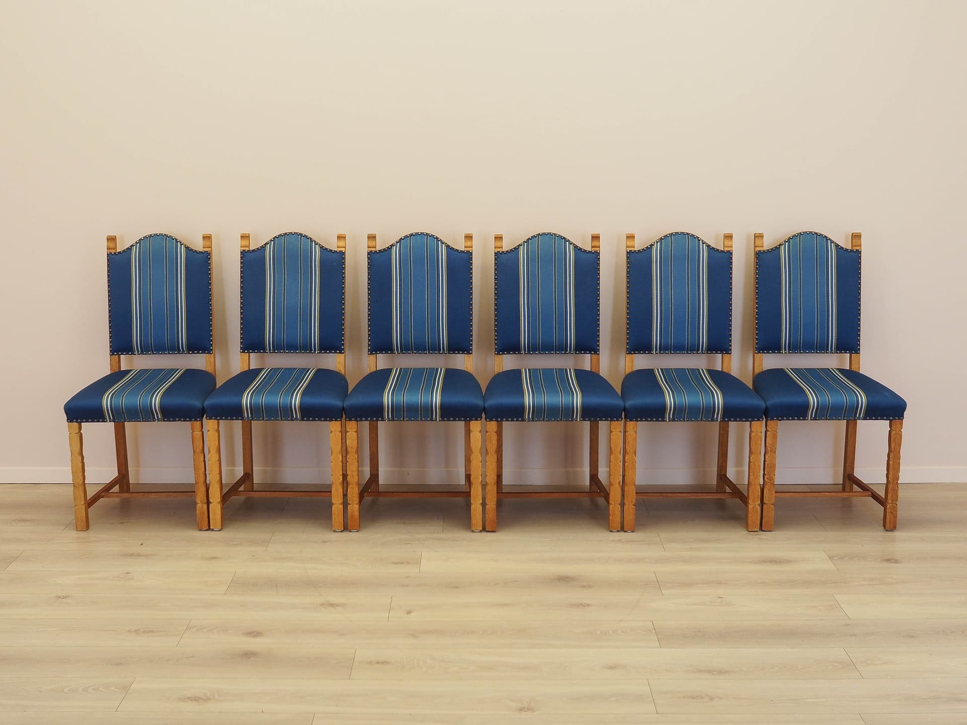 Set of six chairs, oak, blue fabric, by H. Kjaernulf, Denmark, 1960s. - 333494