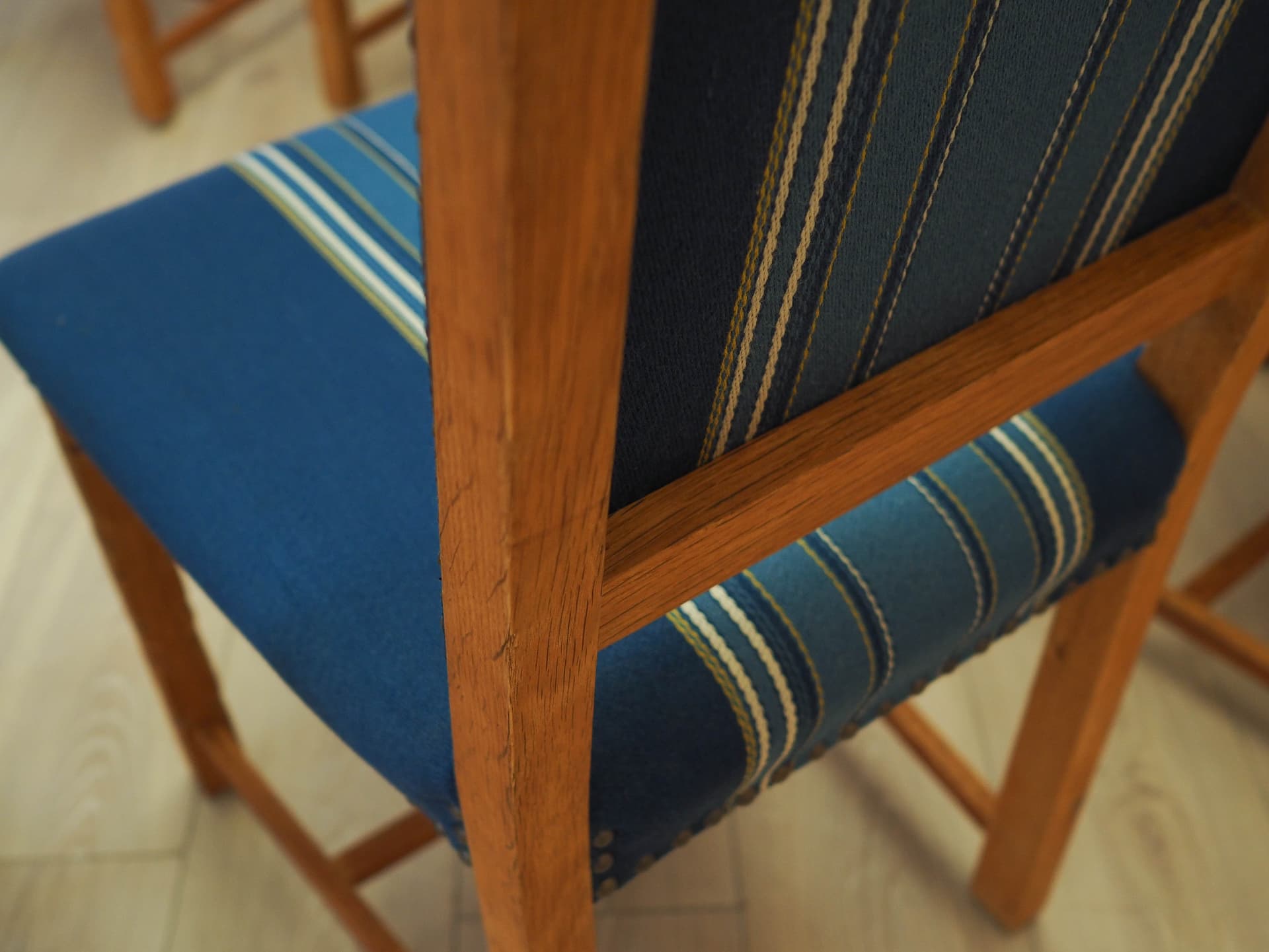 Set of six chairs, oak, blue fabric, by H. Kjaernulf, Denmark, 1960s. - 333493