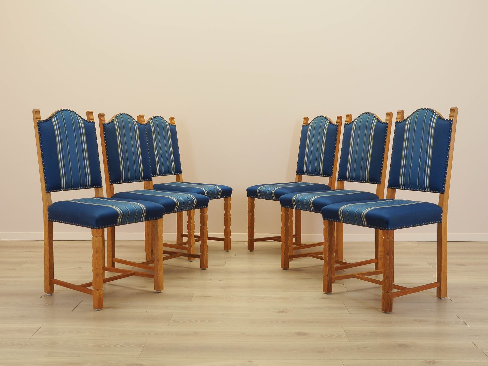 Set of six chairs, oak, blue fabric, by H. Kjaernulf, Denmark, 1960s. - 333485