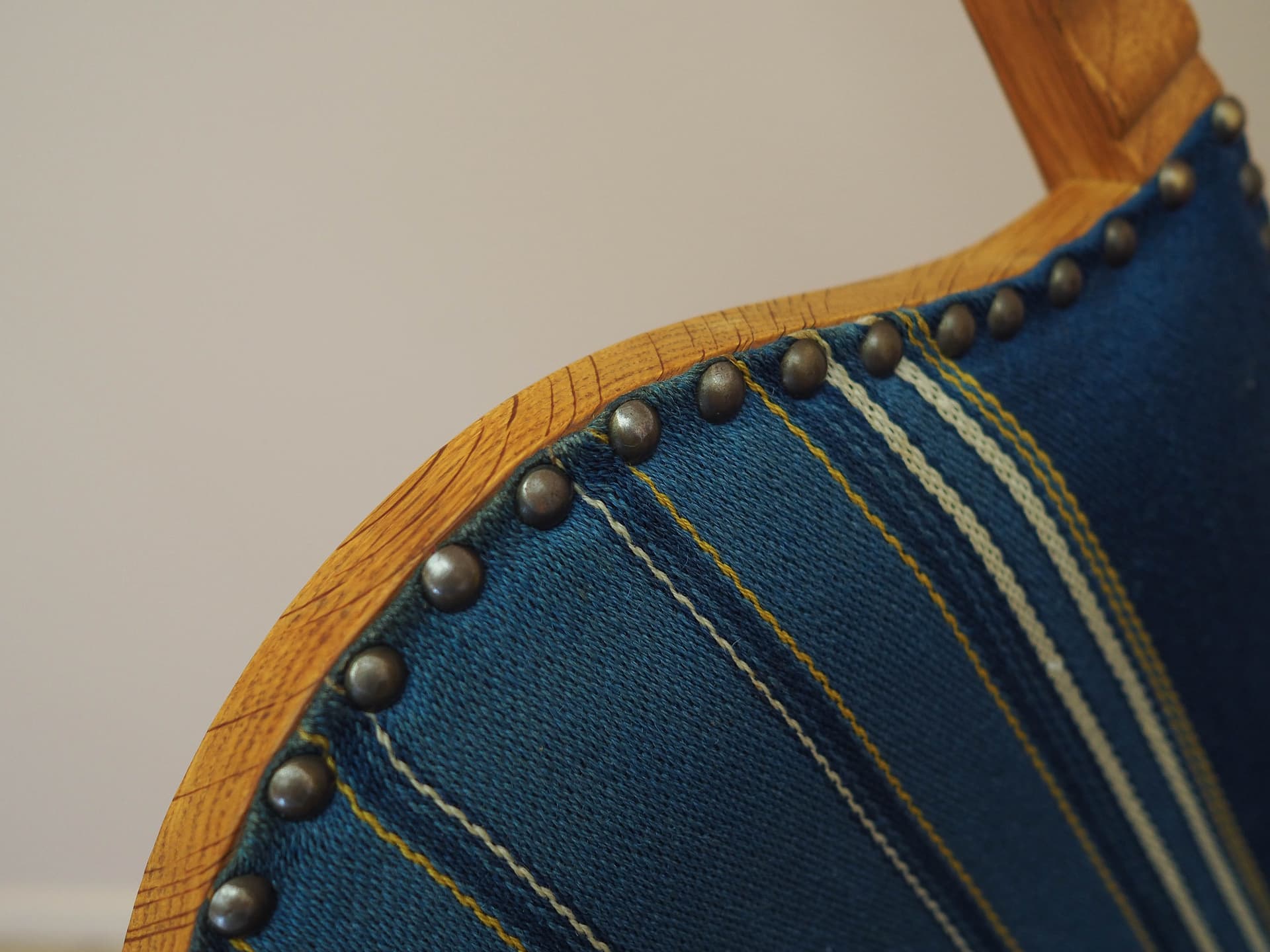 Set of six chairs, oak, blue fabric, by H. Kjaernulf, Denmark, 1960s. - 333492