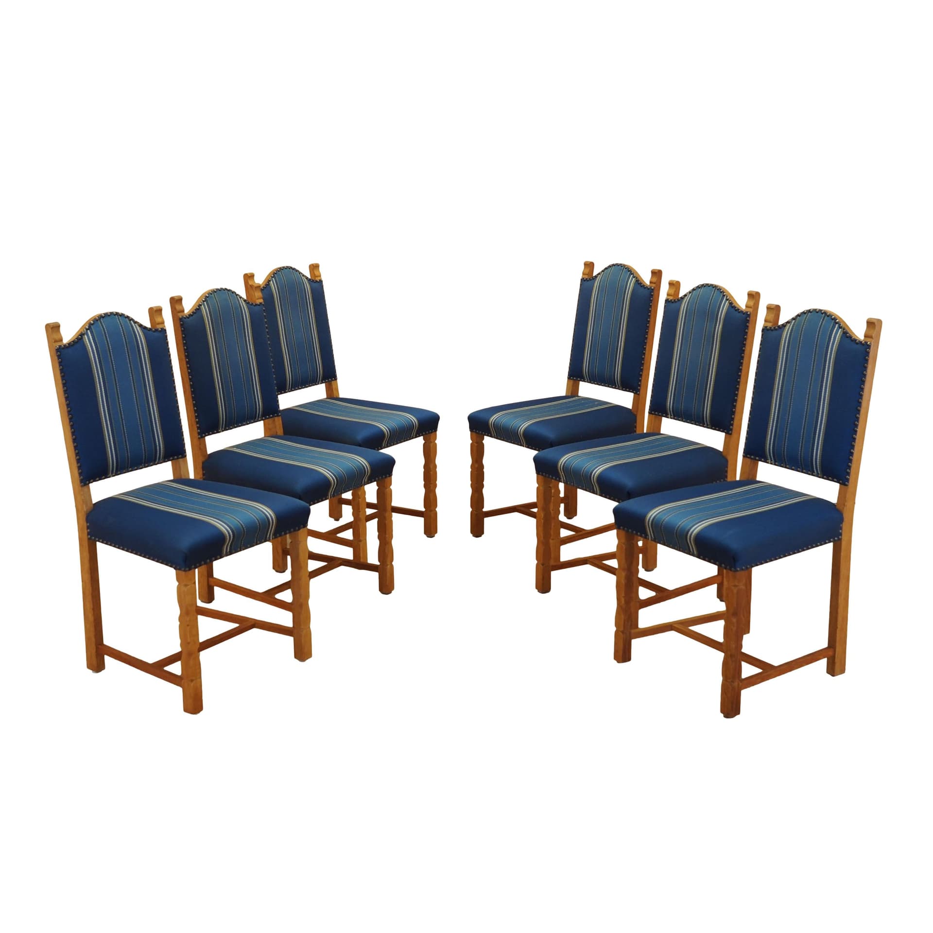 Set of six chairs, oak, blue fabric, by H. Kjaernulf, Denmark, 1960s.