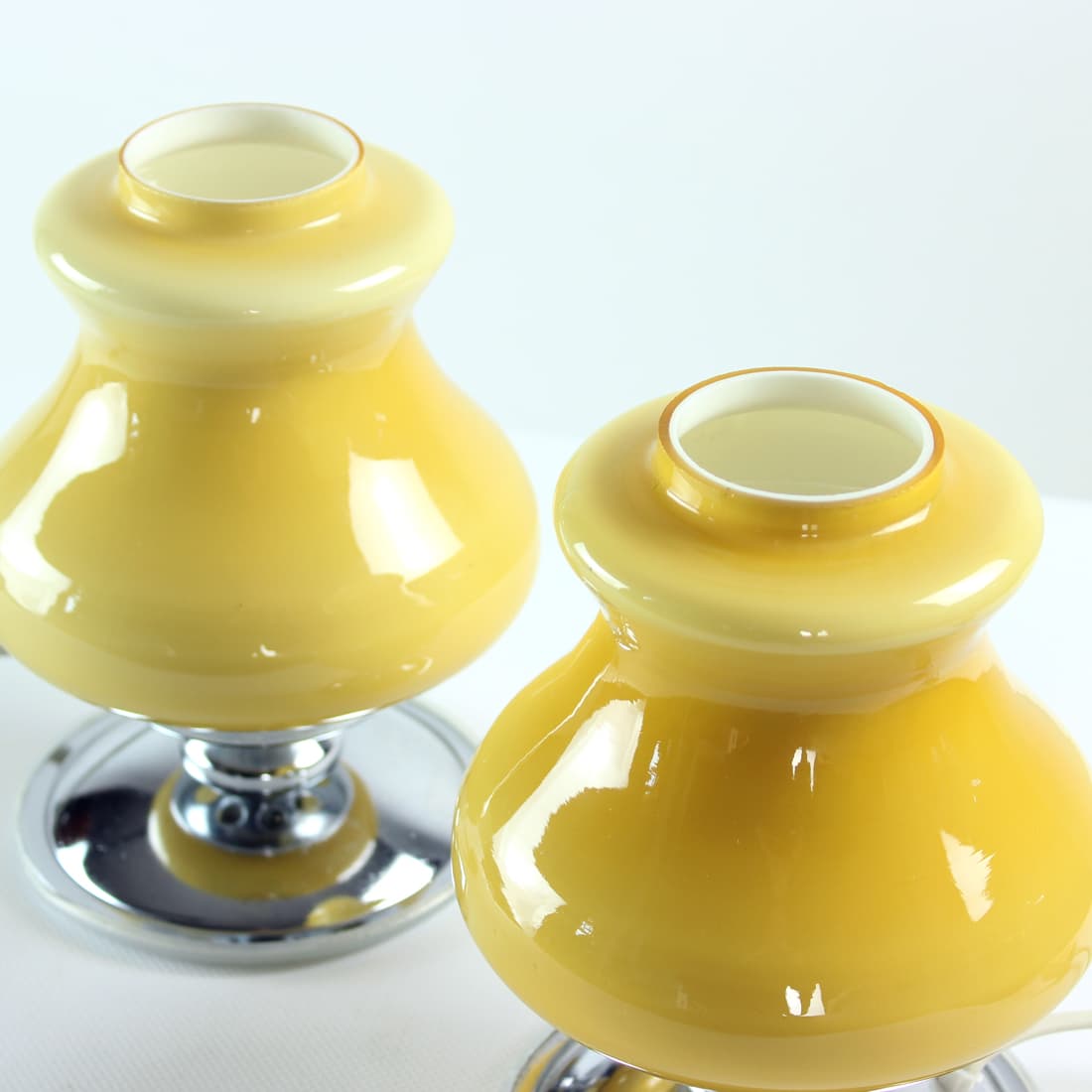 Pair of table lamps, cream yellow opaline glass, chrome, Kamaschit-Silistra, Bulgaria, 1960s. - 333526
