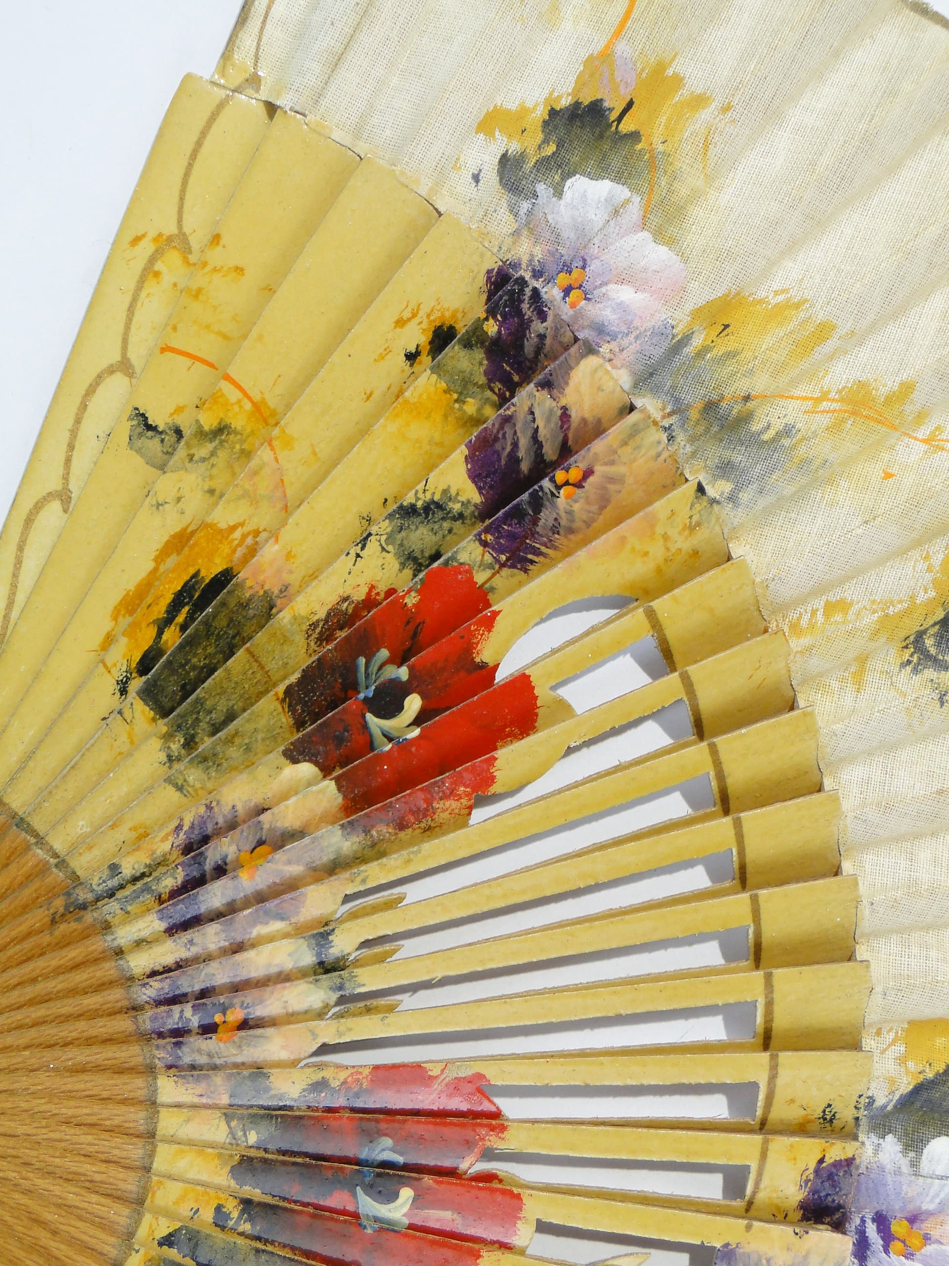 Decorative fan, yellow, brown wood, canvas, Western Europe, 1950s - 333629