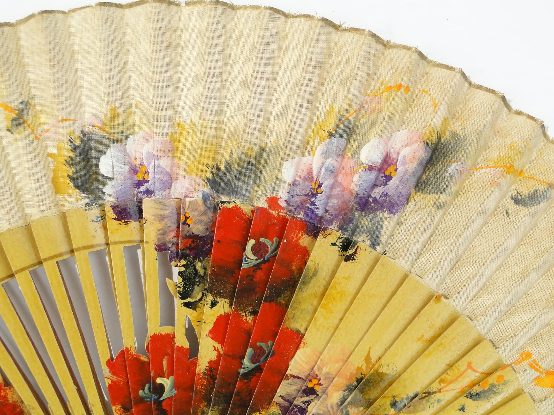 Decorative fan, yellow, brown wood, canvas, Western Europe, 1950s - 333630
