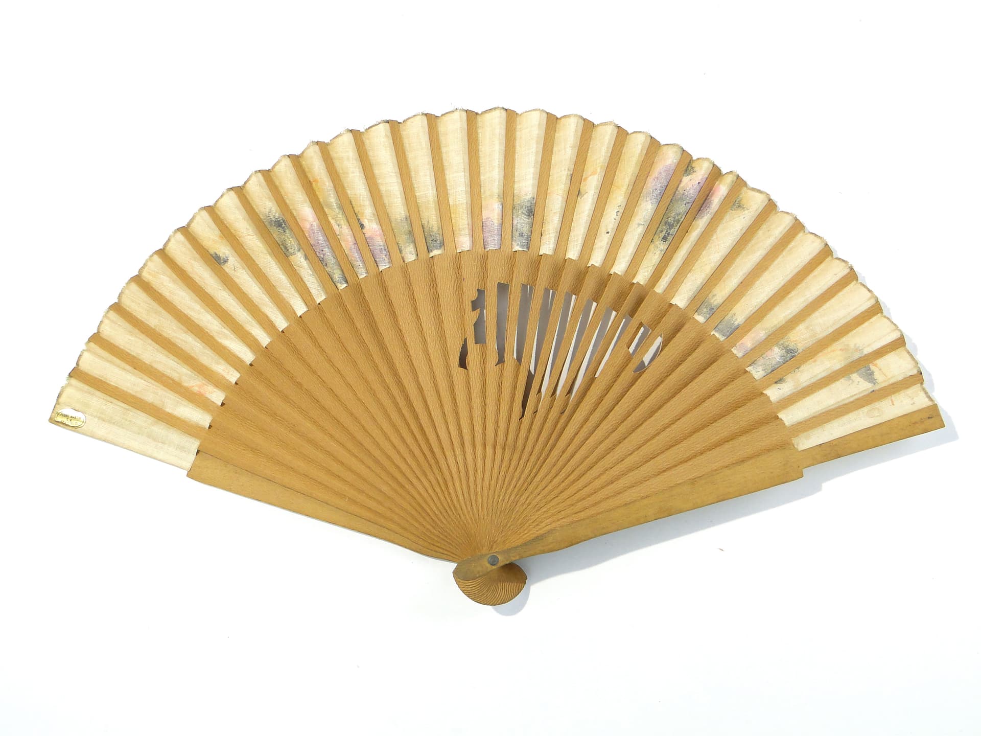 Decorative fan, yellow, brown wood, canvas, Western Europe, 1950s - 333631