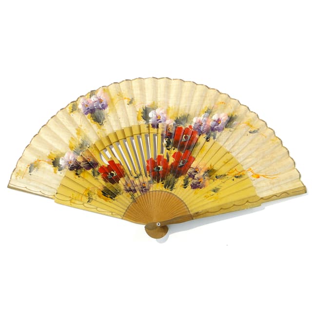 Decorative fan, yellow, brown wood, canvas, Western Europe, 1950s - DIMENSION