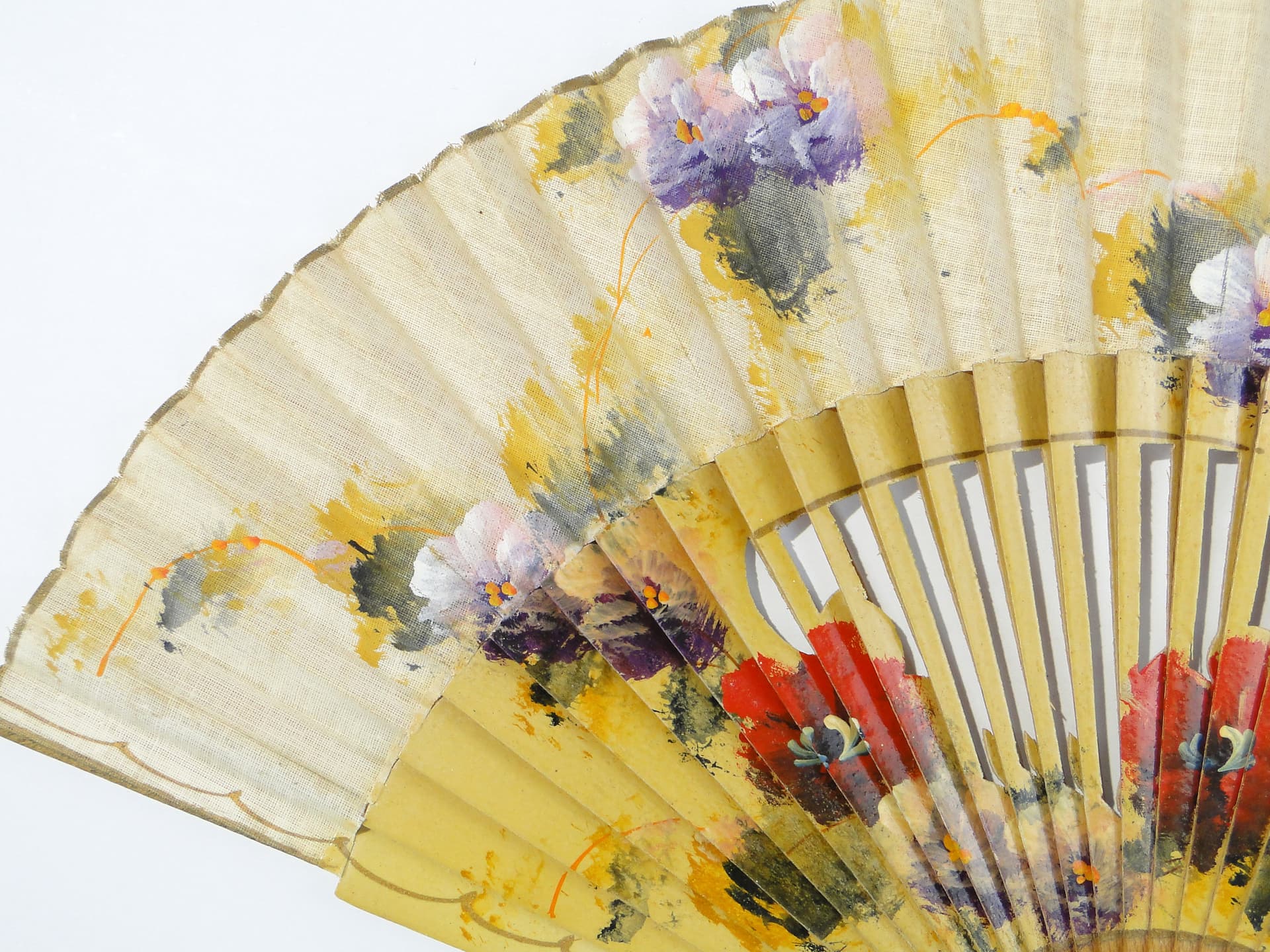 Decorative fan, yellow, brown wood, canvas, Western Europe, 1950s - 333627