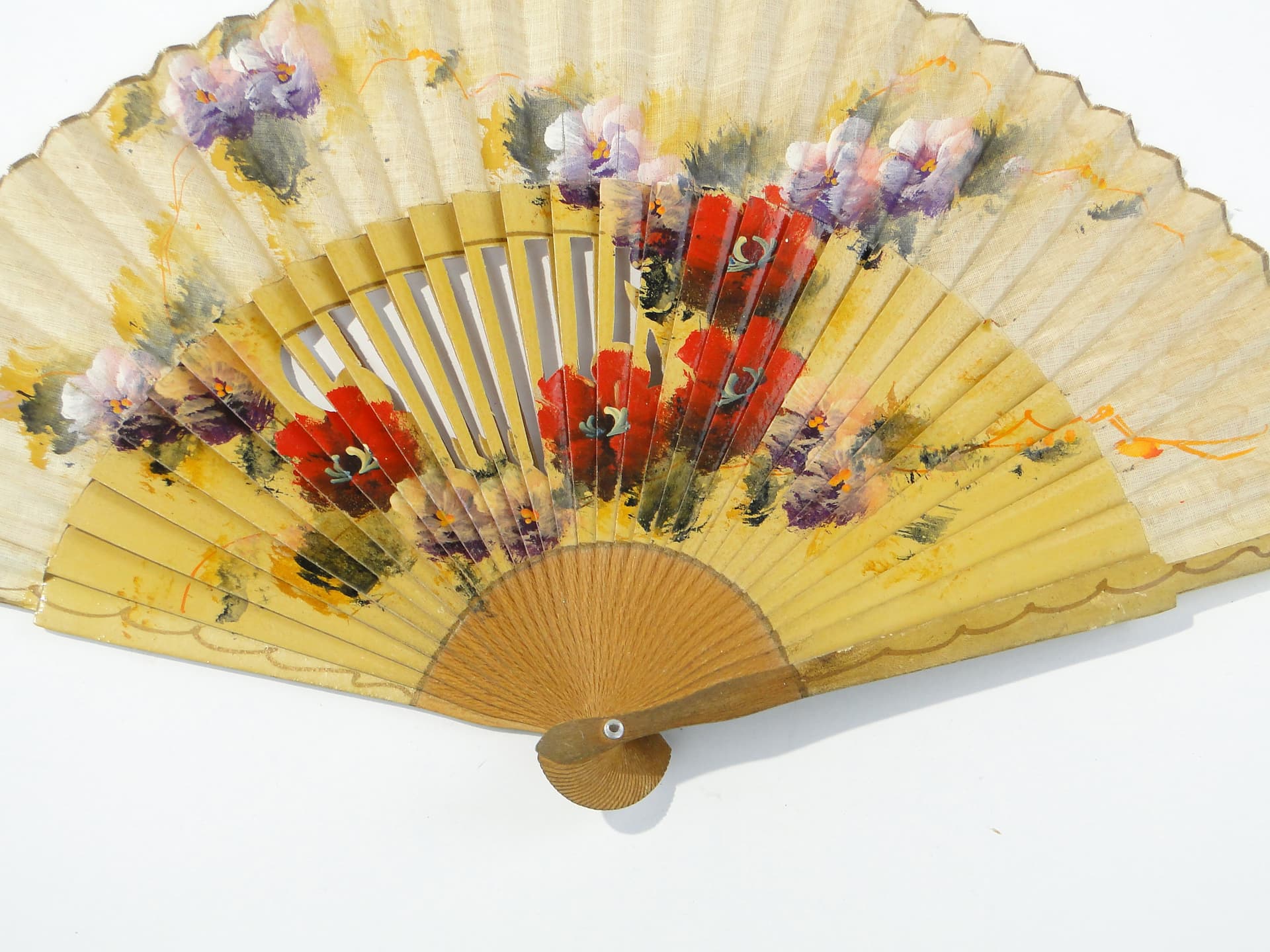 Decorative fan, yellow, brown wood, canvas, Western Europe, 1950s - 333628
