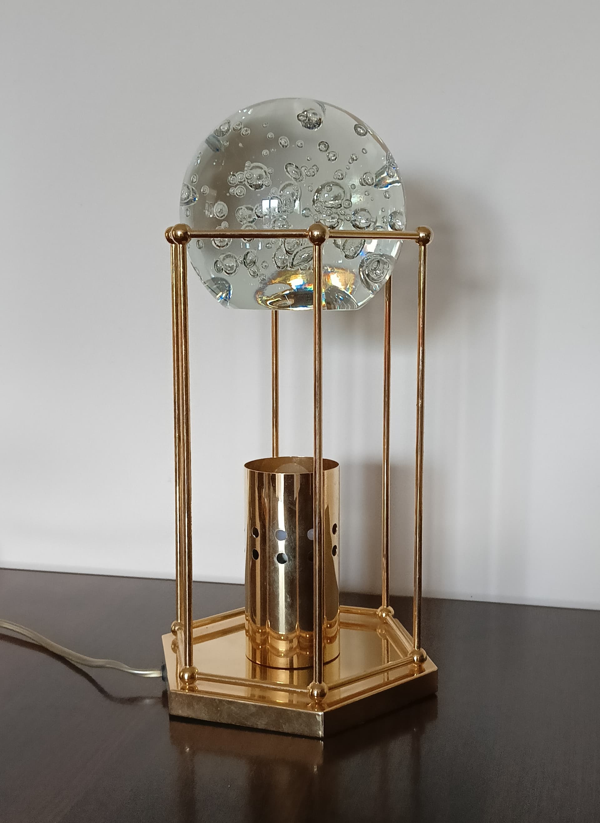 Lampa stołowa, złocony metal, szkło przezroczyste, Niemcy, lata 80. - 333643