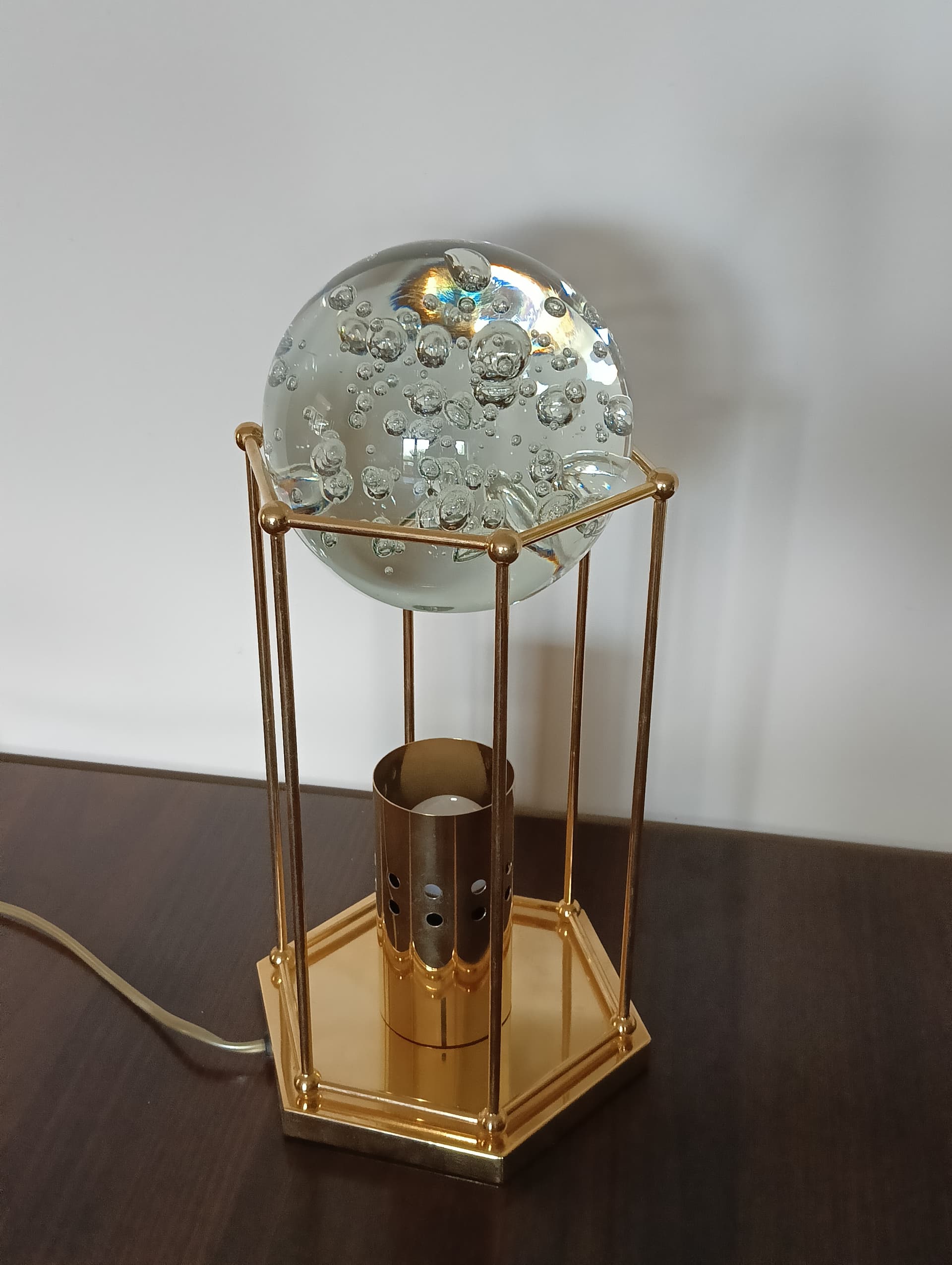 Lampa stołowa, złocony metal, szkło przezroczyste, Niemcy, lata 80. - 333645