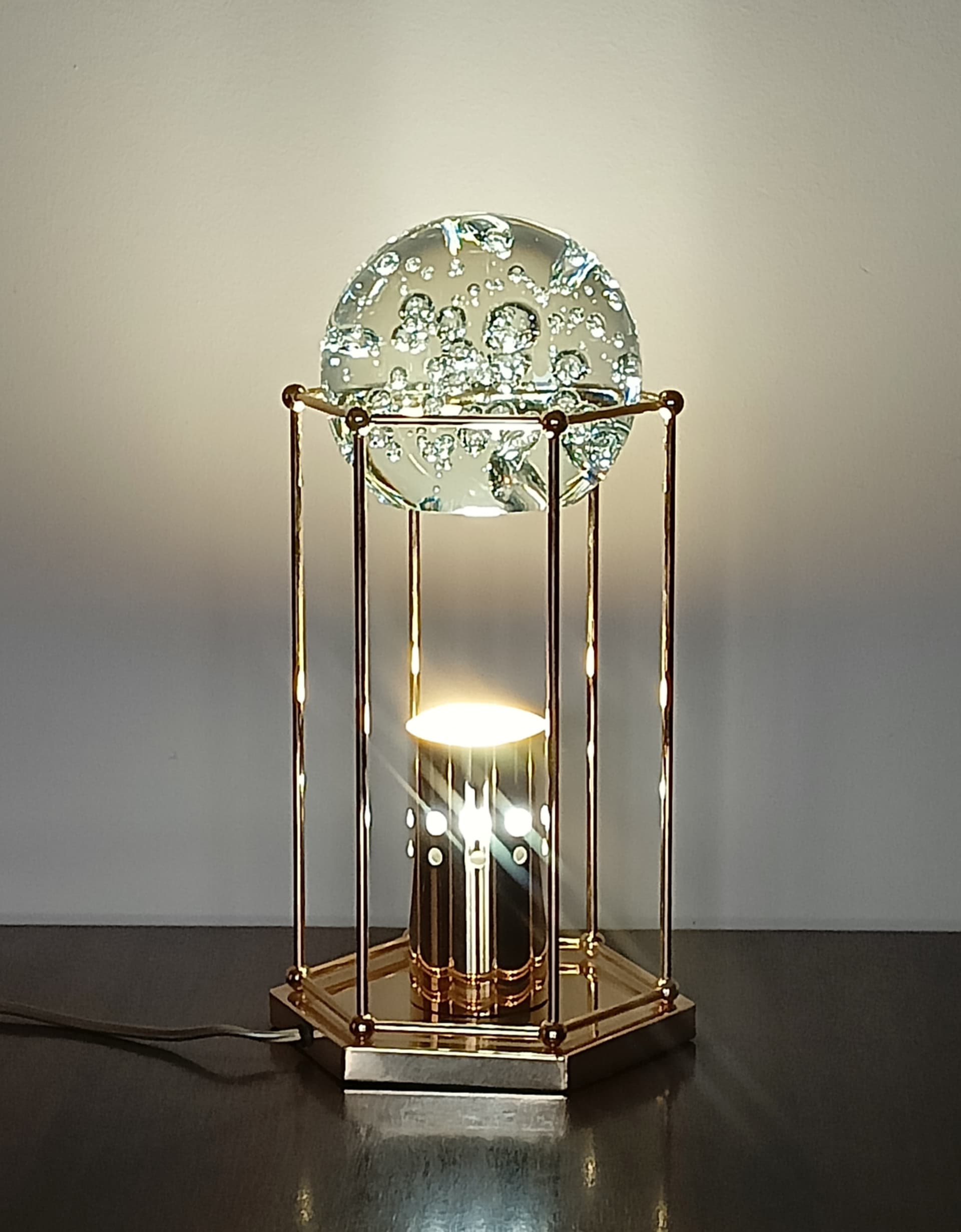 Lampa stołowa, złocony metal, szkło przezroczyste, Niemcy, lata 80. - 333644