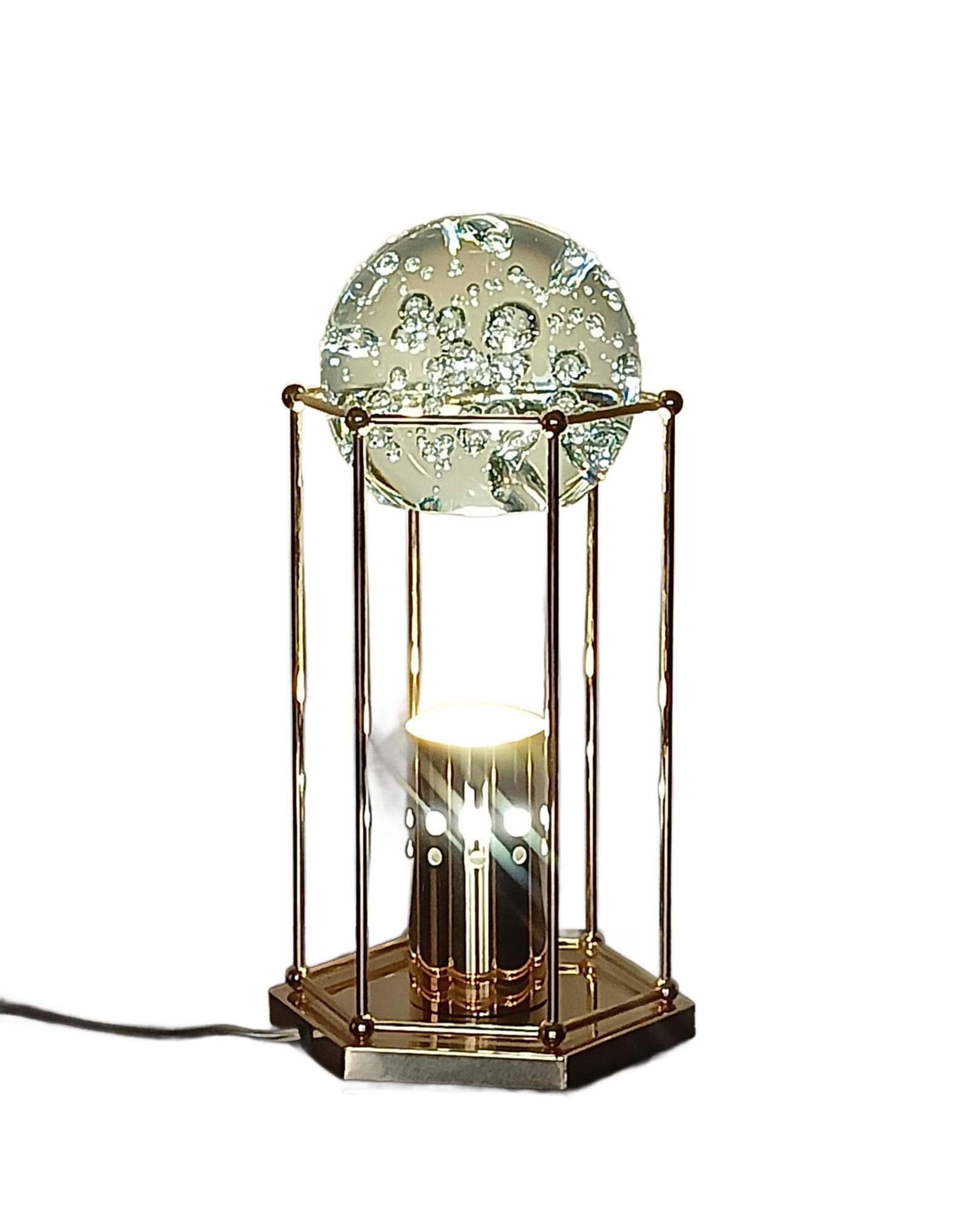 Lampa stołowa, złocony metal, szkło przezroczyste, Niemcy, lata 80.