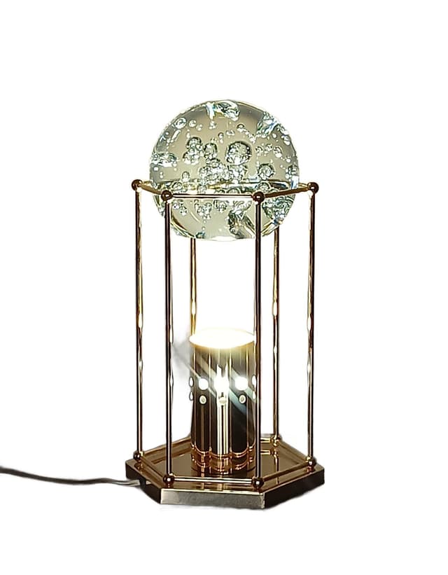 Lampa stołowa, złocony metal, szkło przezroczyste, Niemcy, lata 80. - WYMIARY
