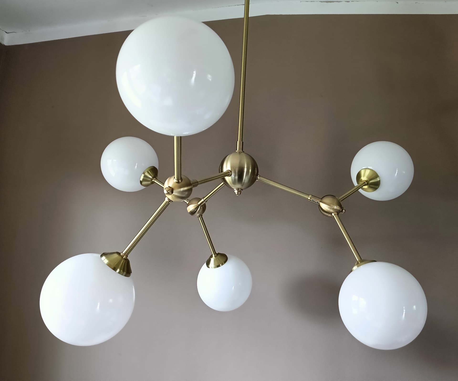 Molecular chandelier, gold brass, white opal glass, Germany, 1970s - 333670