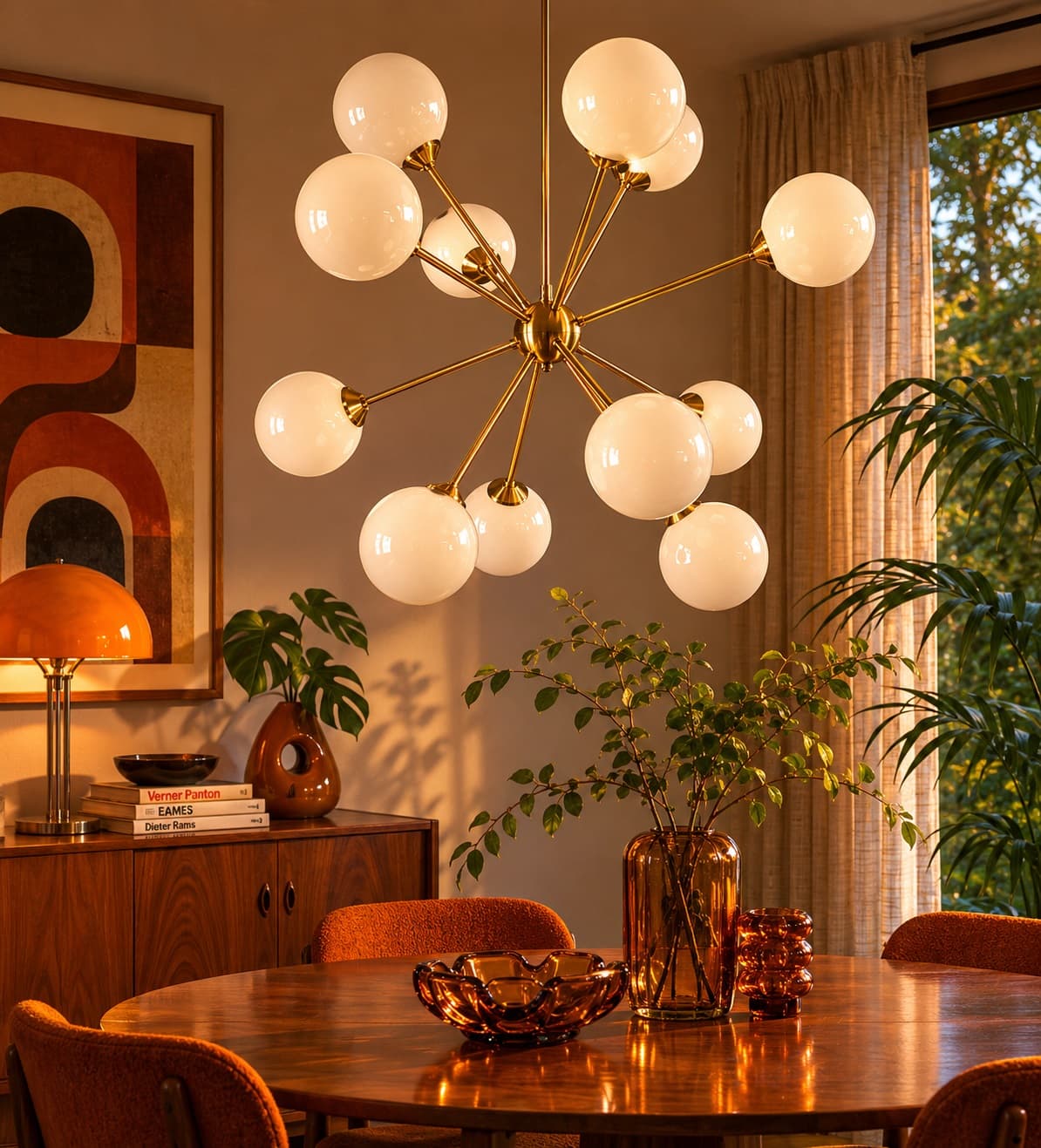 Chandelier Sputnik, gold brass, white glass, Germany, 1970s. - 333680