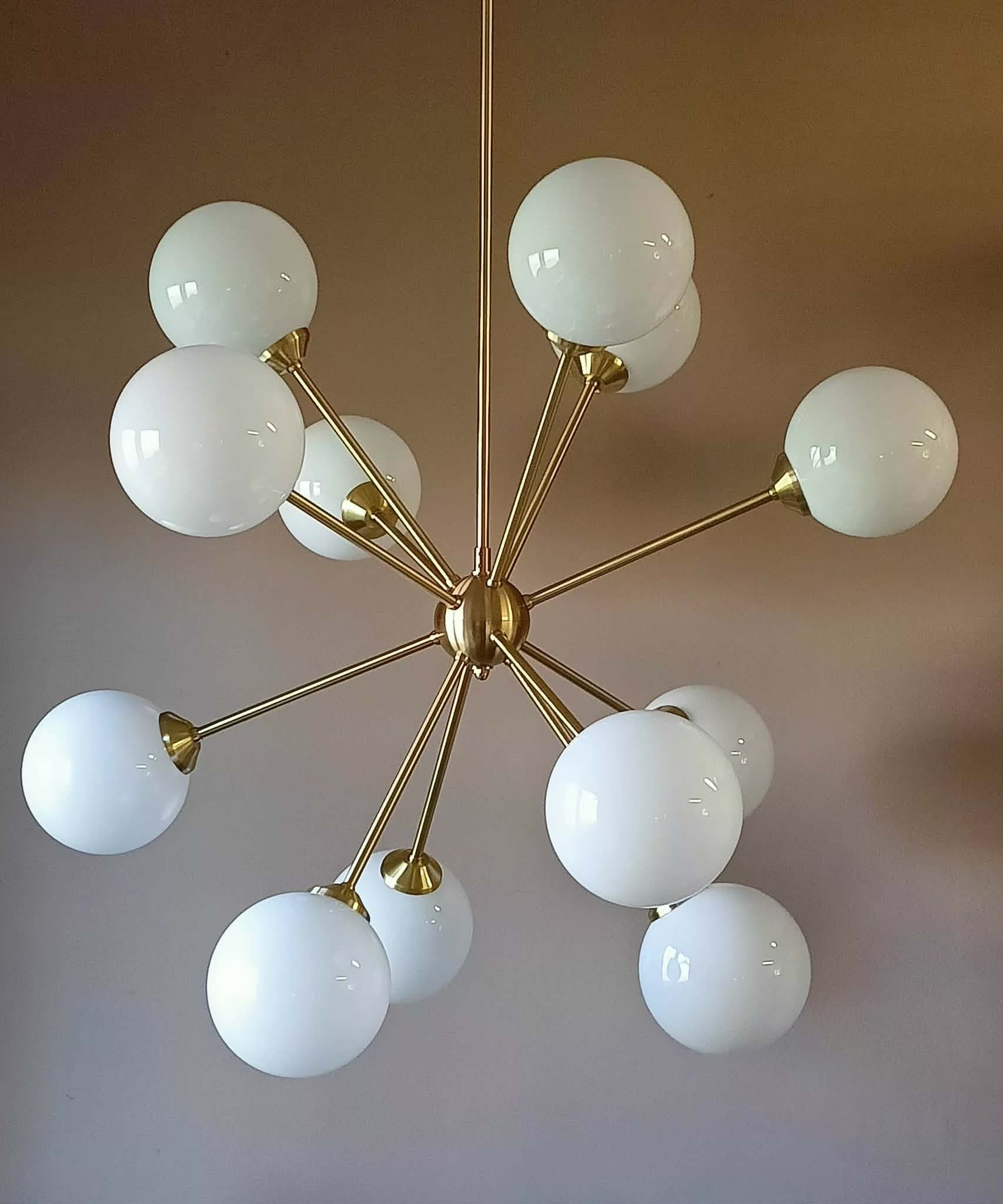 Chandelier Sputnik, gold brass, white glass, Germany, 1970s. - 333675
