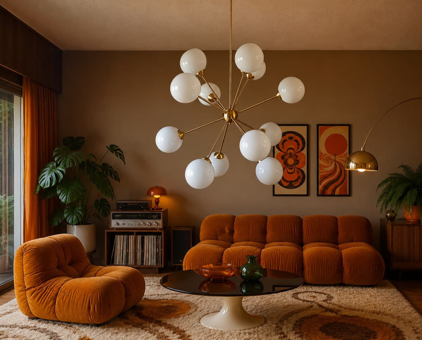 Chandelier Sputnik, gold brass, white glass, Germany, 1970s. - 333679