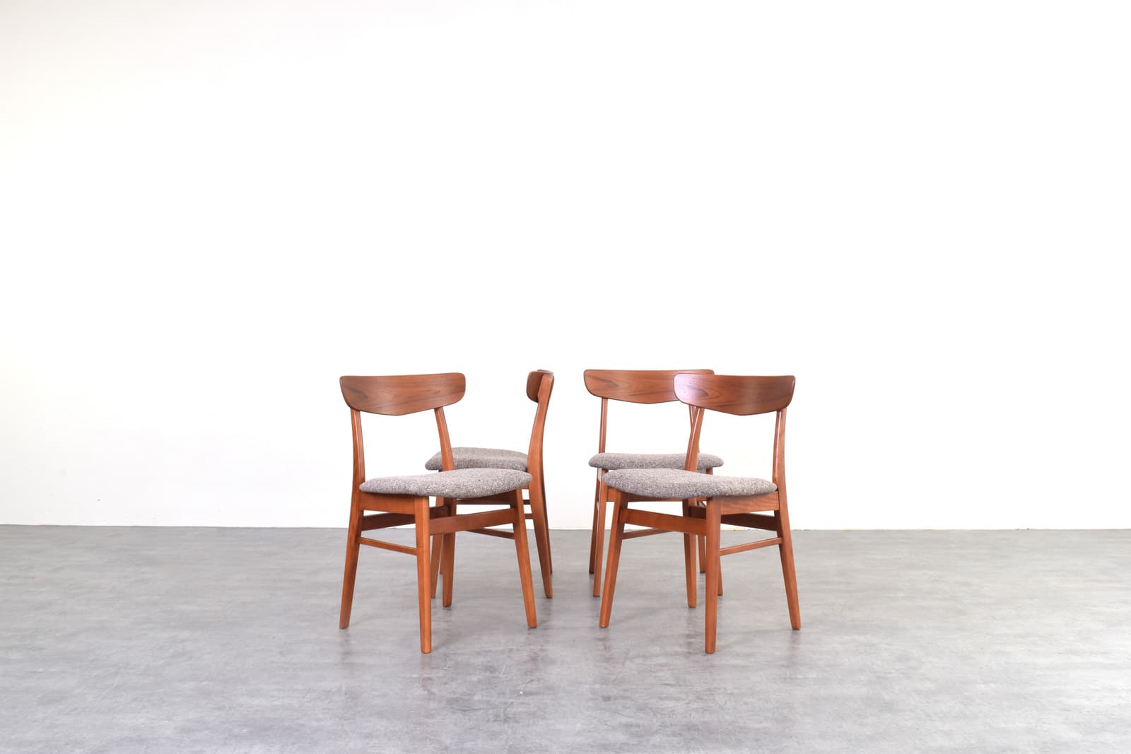 Set of four chairs, brown teak, brown beech, grey wool, Farstrup, Denmark, 1960s. - 333682
