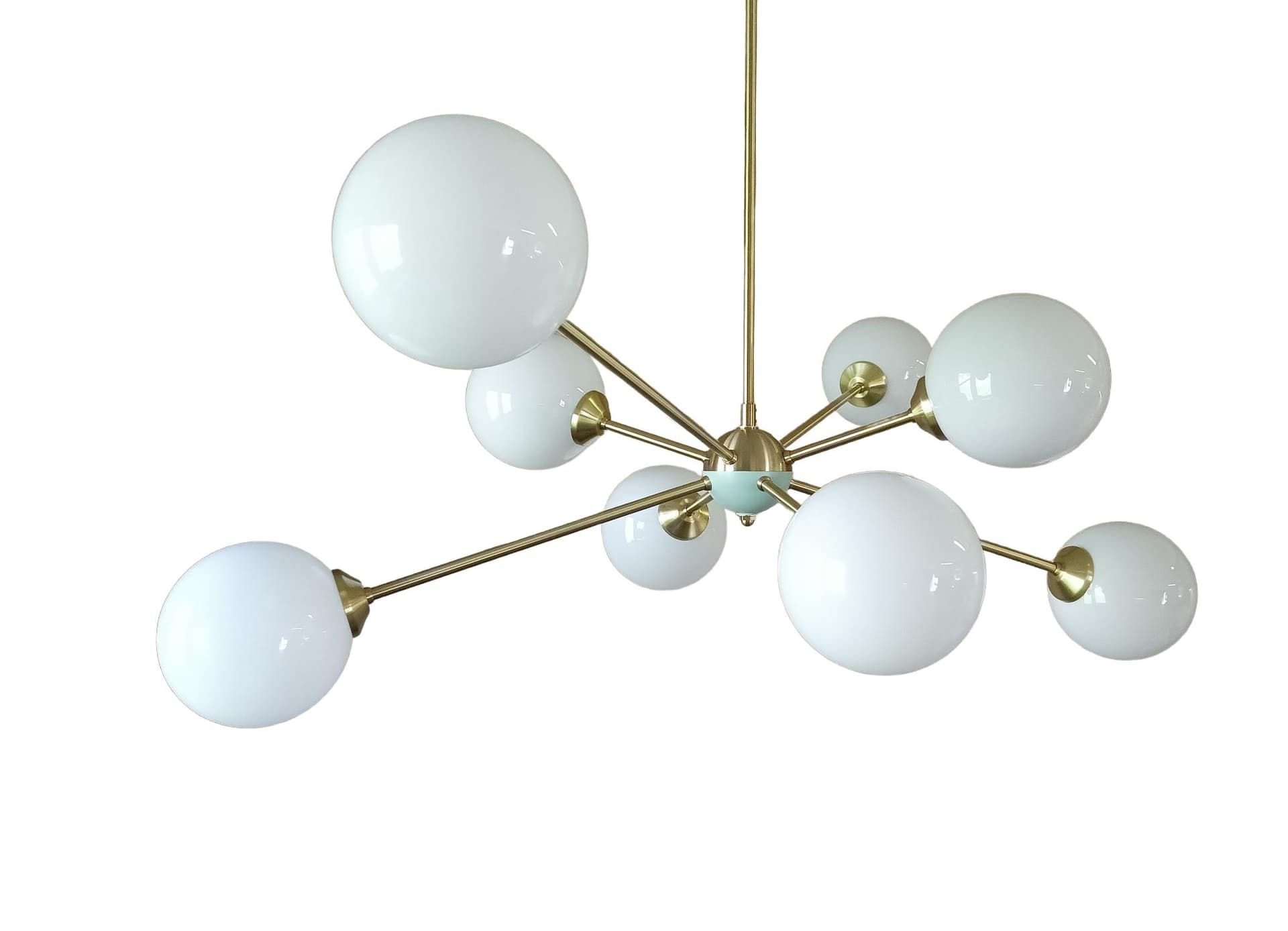 Chandelier Sputnik, gold brass, white glass, Germany, 1970s.