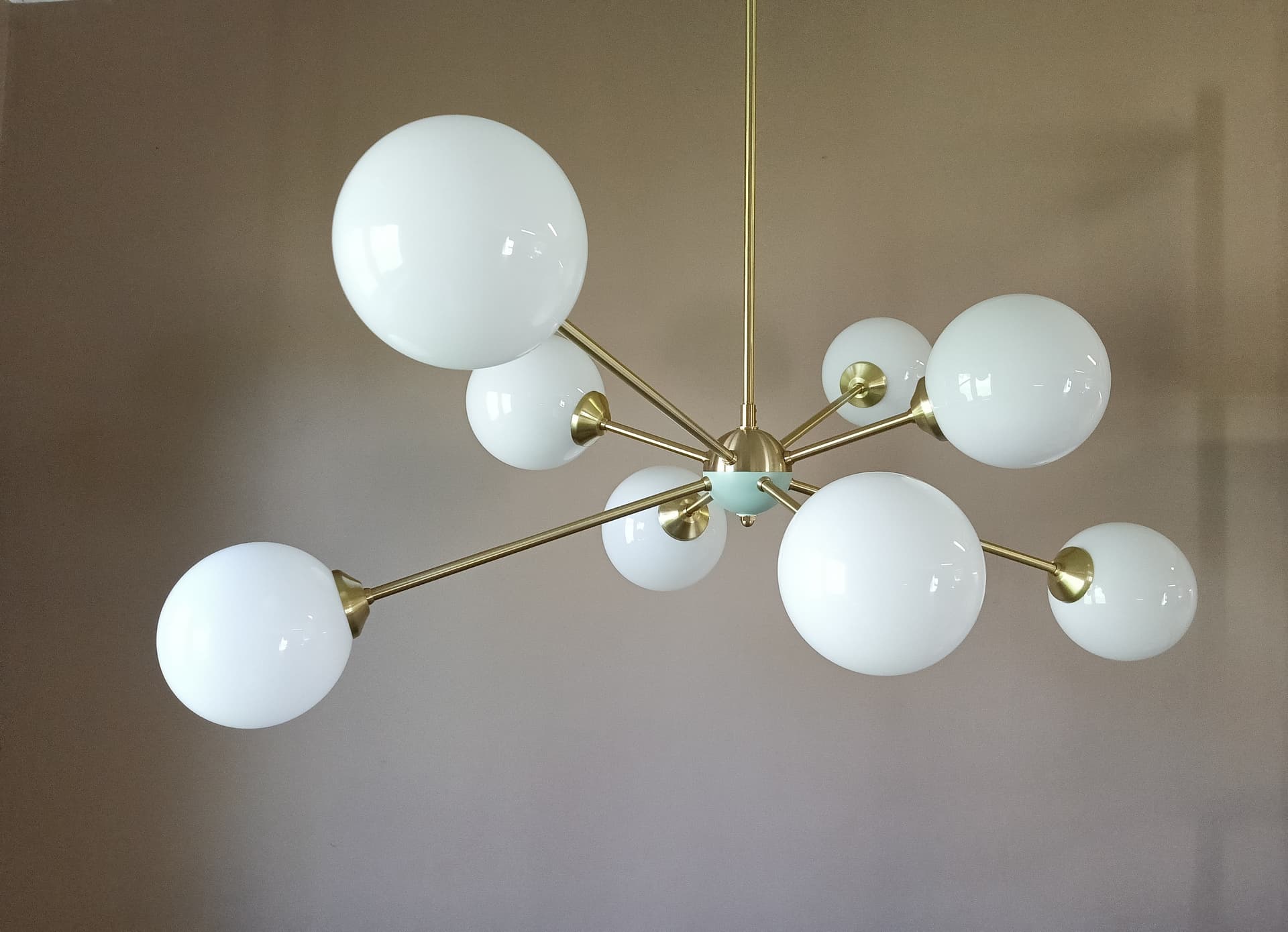 Chandelier Sputnik, gold brass, white glass, Germany, 1970s. - 333709