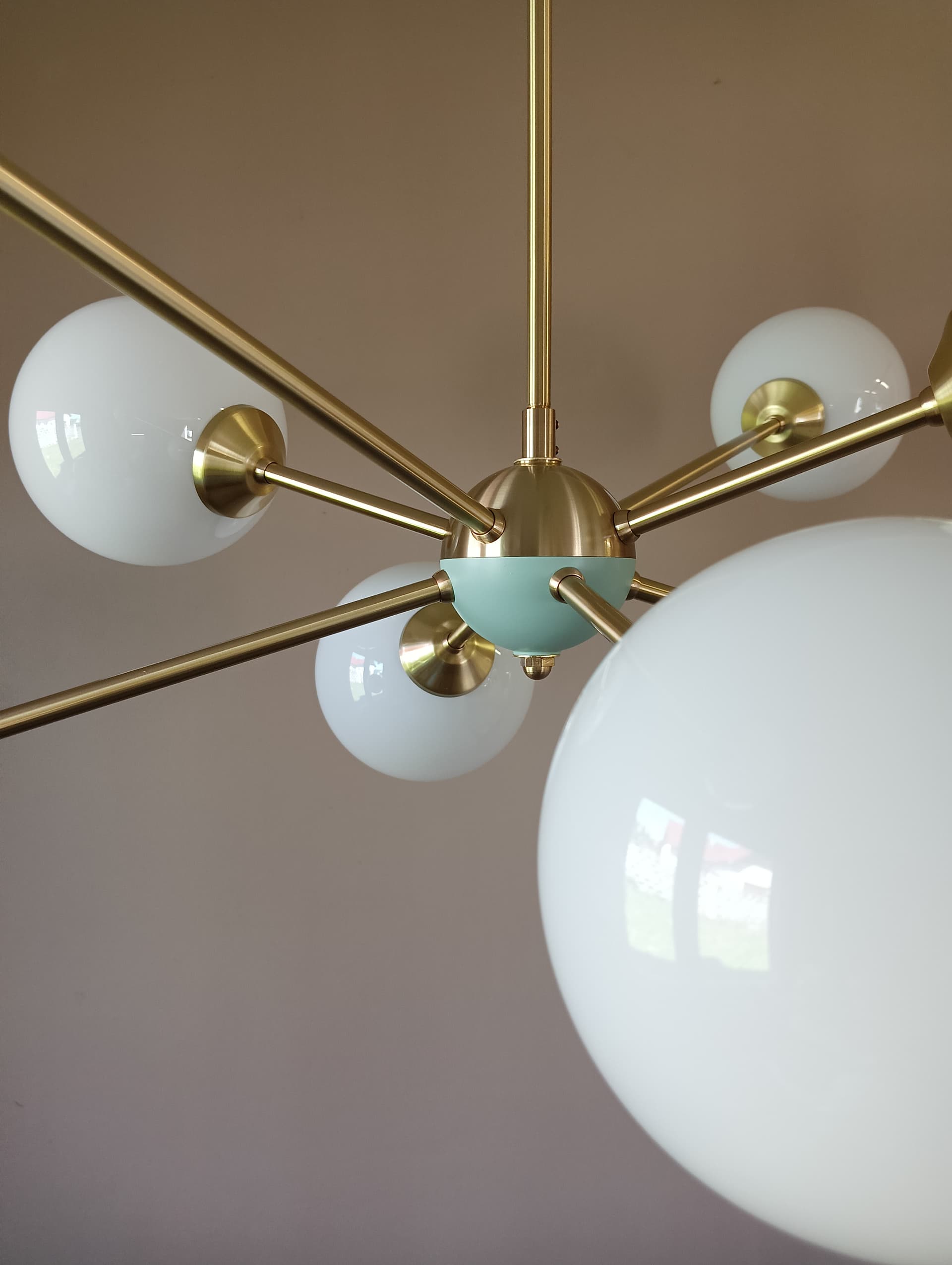 Chandelier Sputnik, gold brass, white glass, Germany, 1970s. - 333704