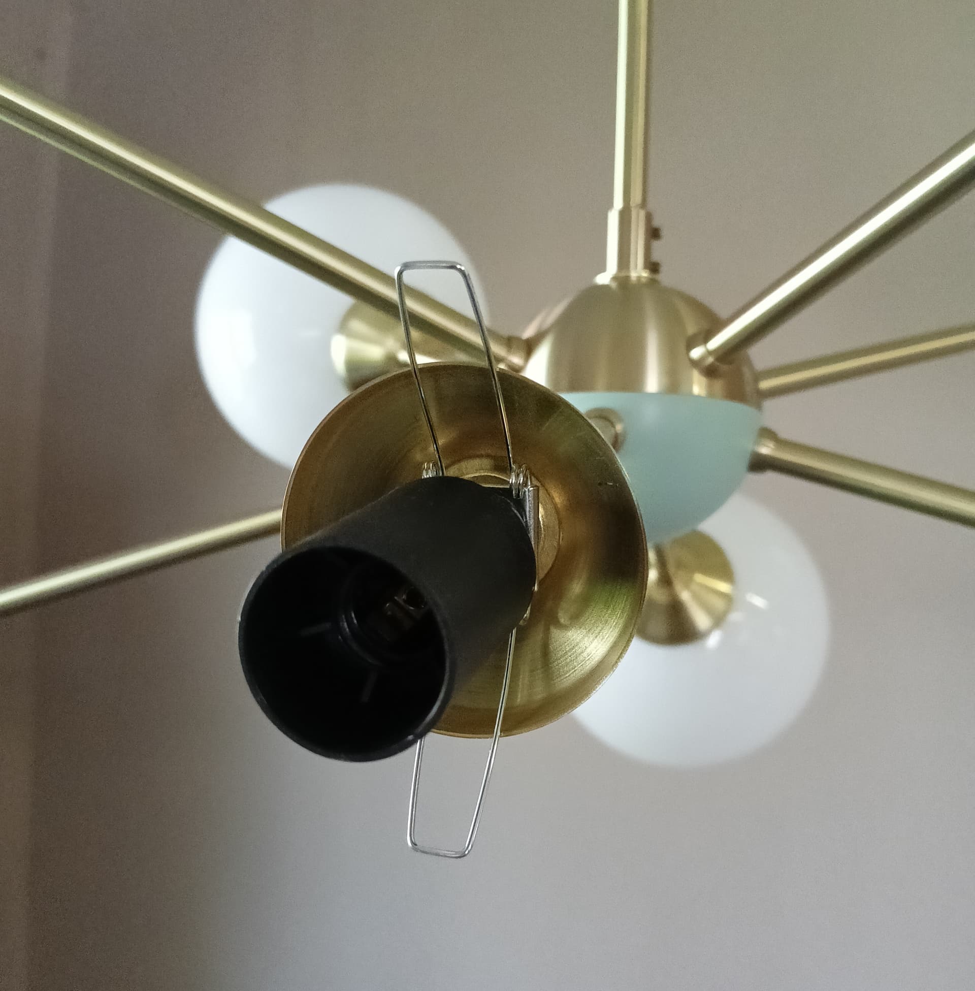 Chandelier Sputnik, gold brass, white glass, Germany, 1970s. - 333708