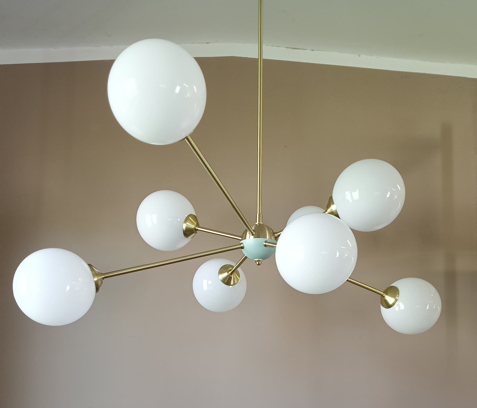 Chandelier Sputnik, gold brass, white glass, Germany, 1970s. - 333705