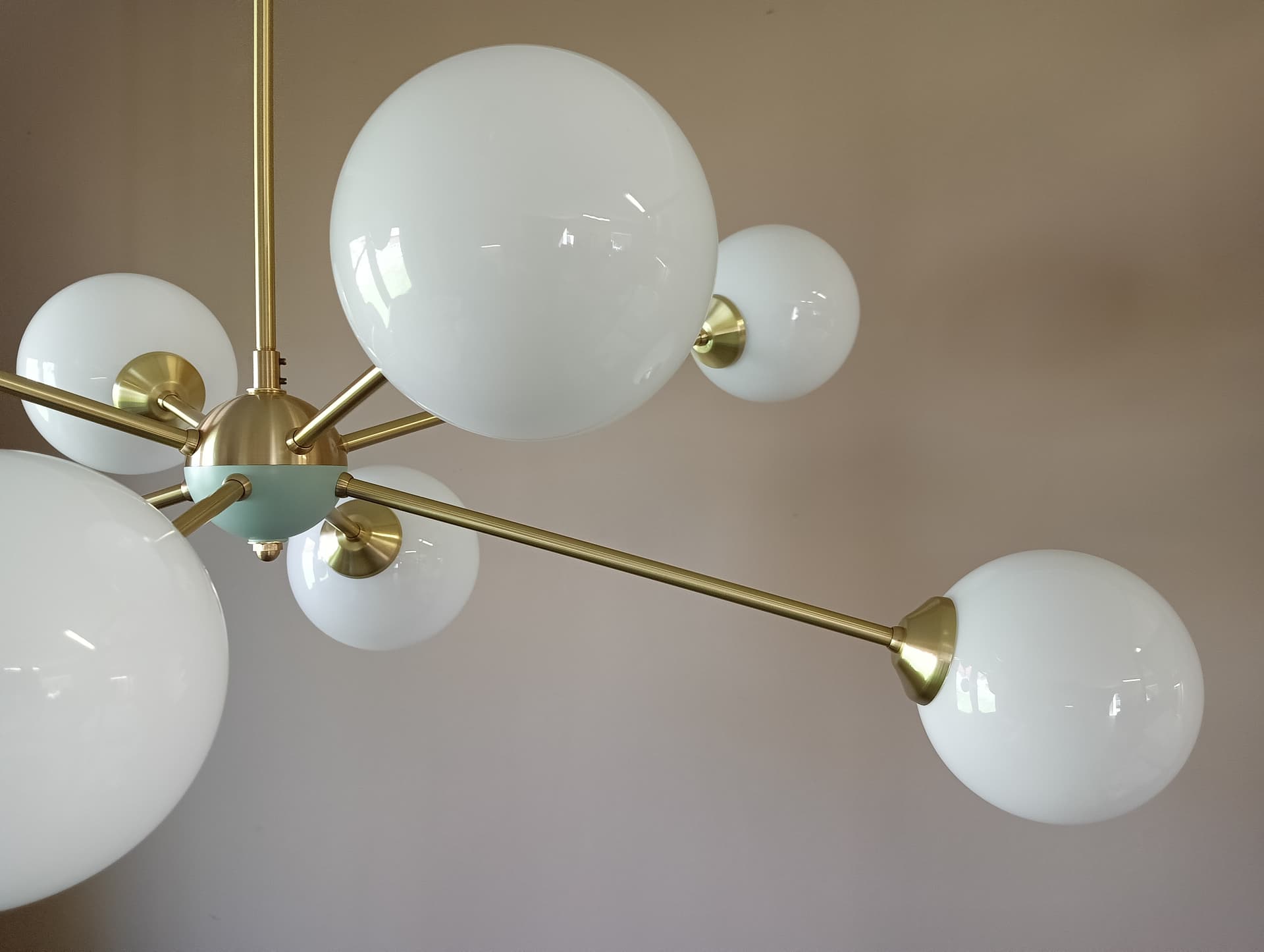 Chandelier Sputnik, gold brass, white glass, Germany, 1970s. - 333706