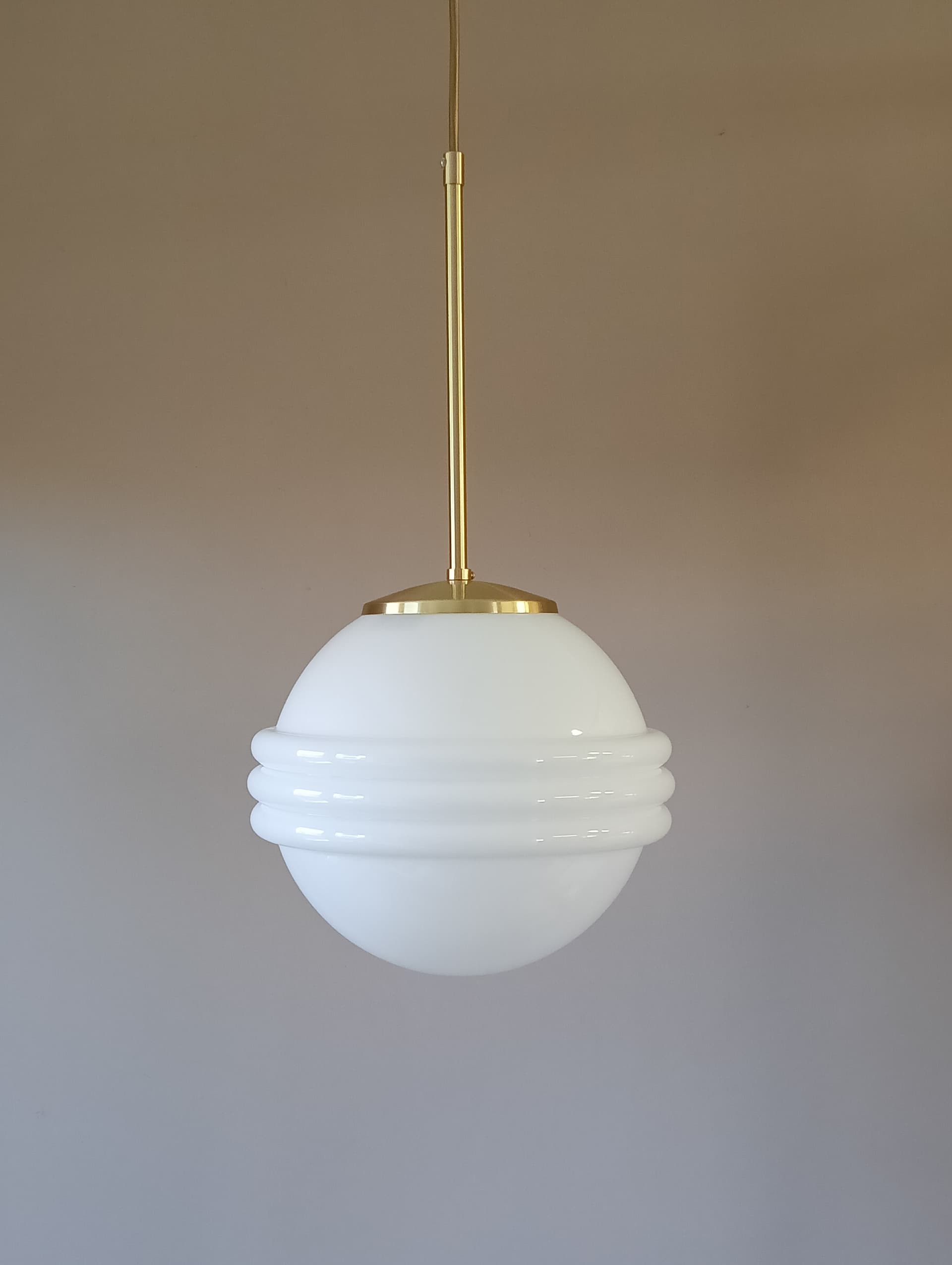 Pair of pendant lamps Art Deco, white opaline glass, gold brass, Germany - 333840
