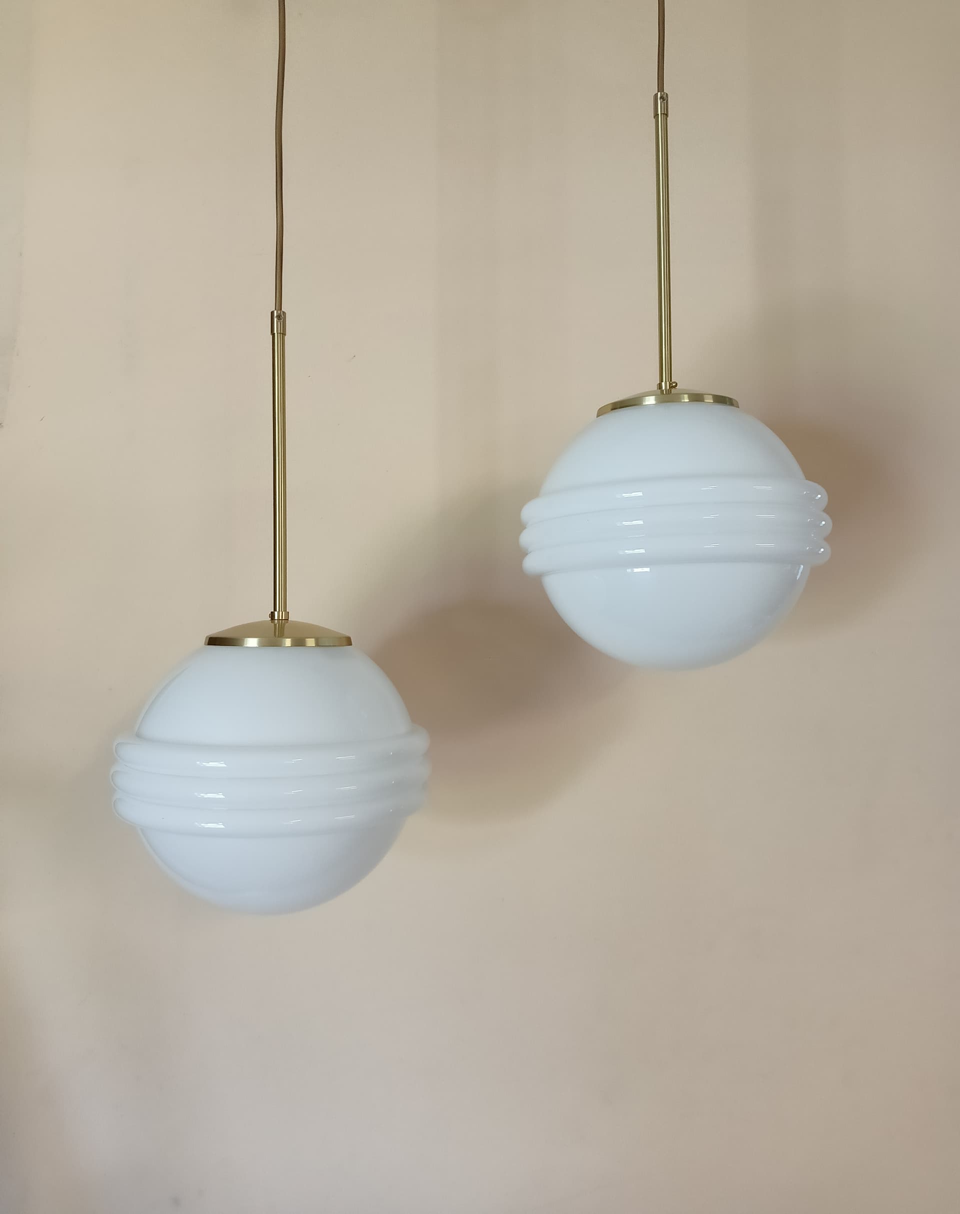 Pair of pendant lamps Art Deco, white opaline glass, gold brass, Germany - 333838