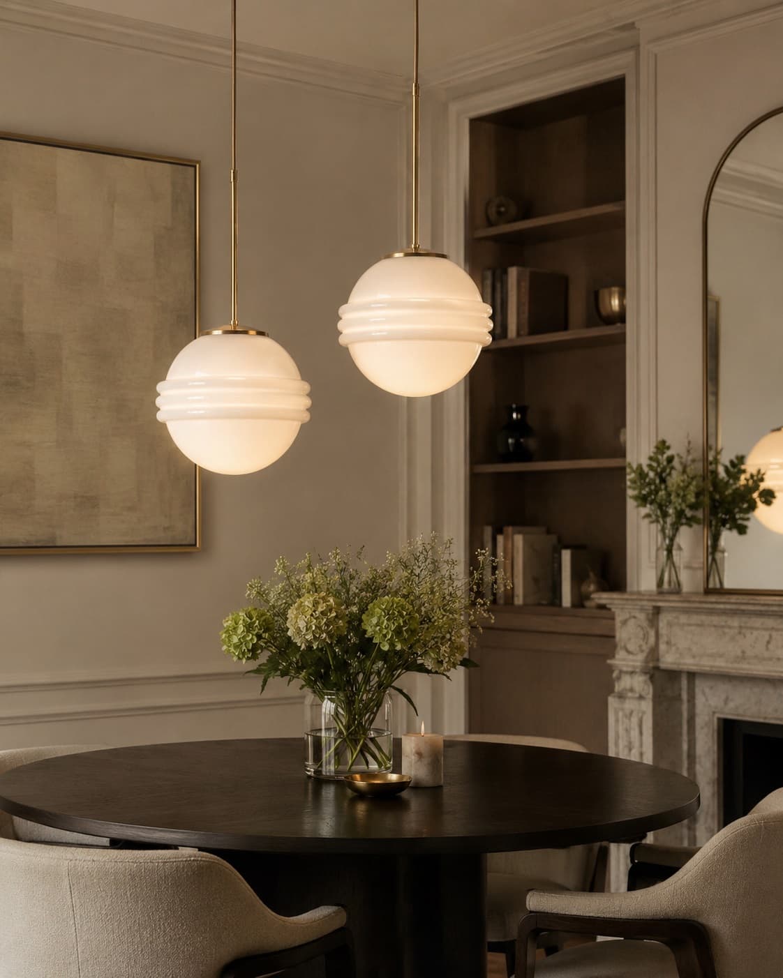 Pair of pendant lamps Art Deco, white opaline glass, gold brass, Germany - 333844
