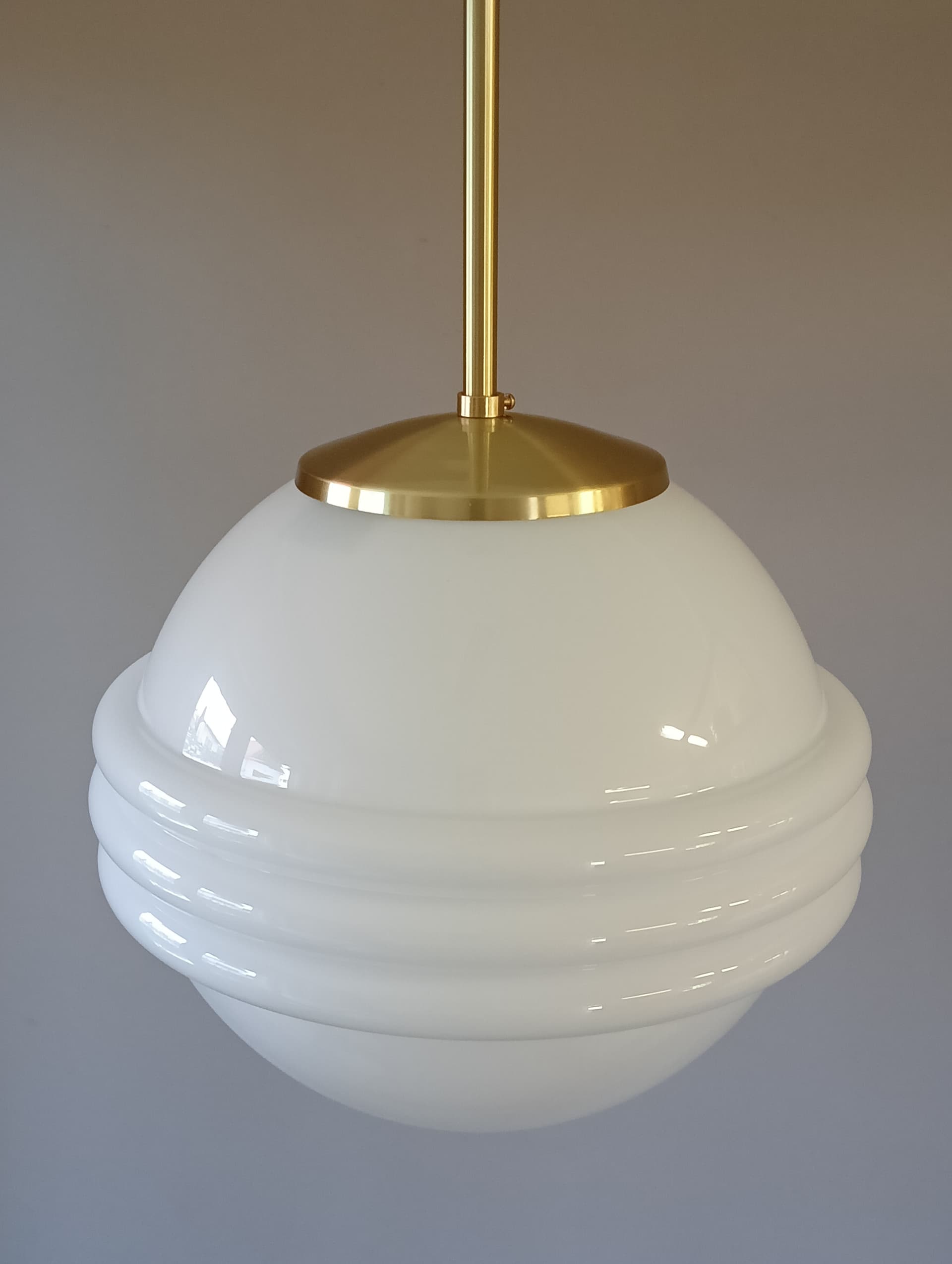 Pair of pendant lamps Art Deco, white opaline glass, gold brass, Germany - 333839