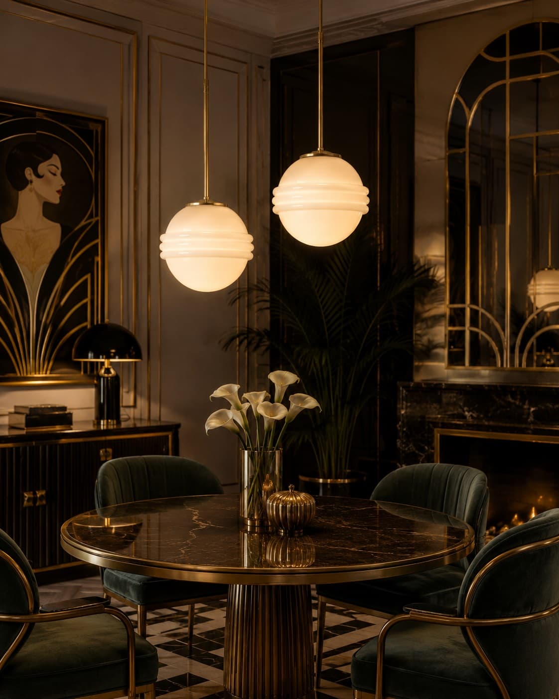 Pair of pendant lamps Art Deco, white opaline glass, gold brass, Germany - 333845