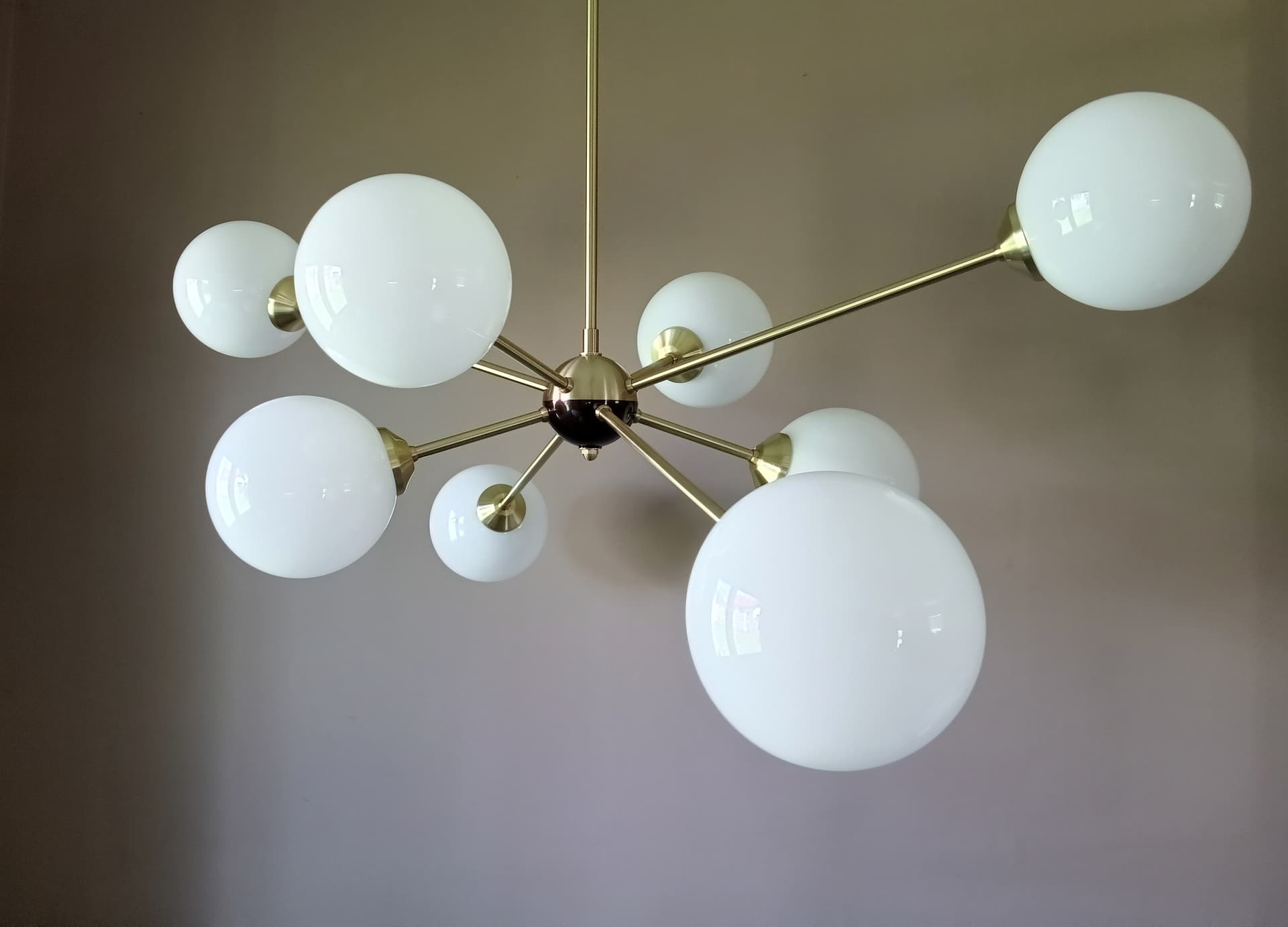 Chandelier Sputnik, gold brass white glass, Germany, 1970s - 333857
