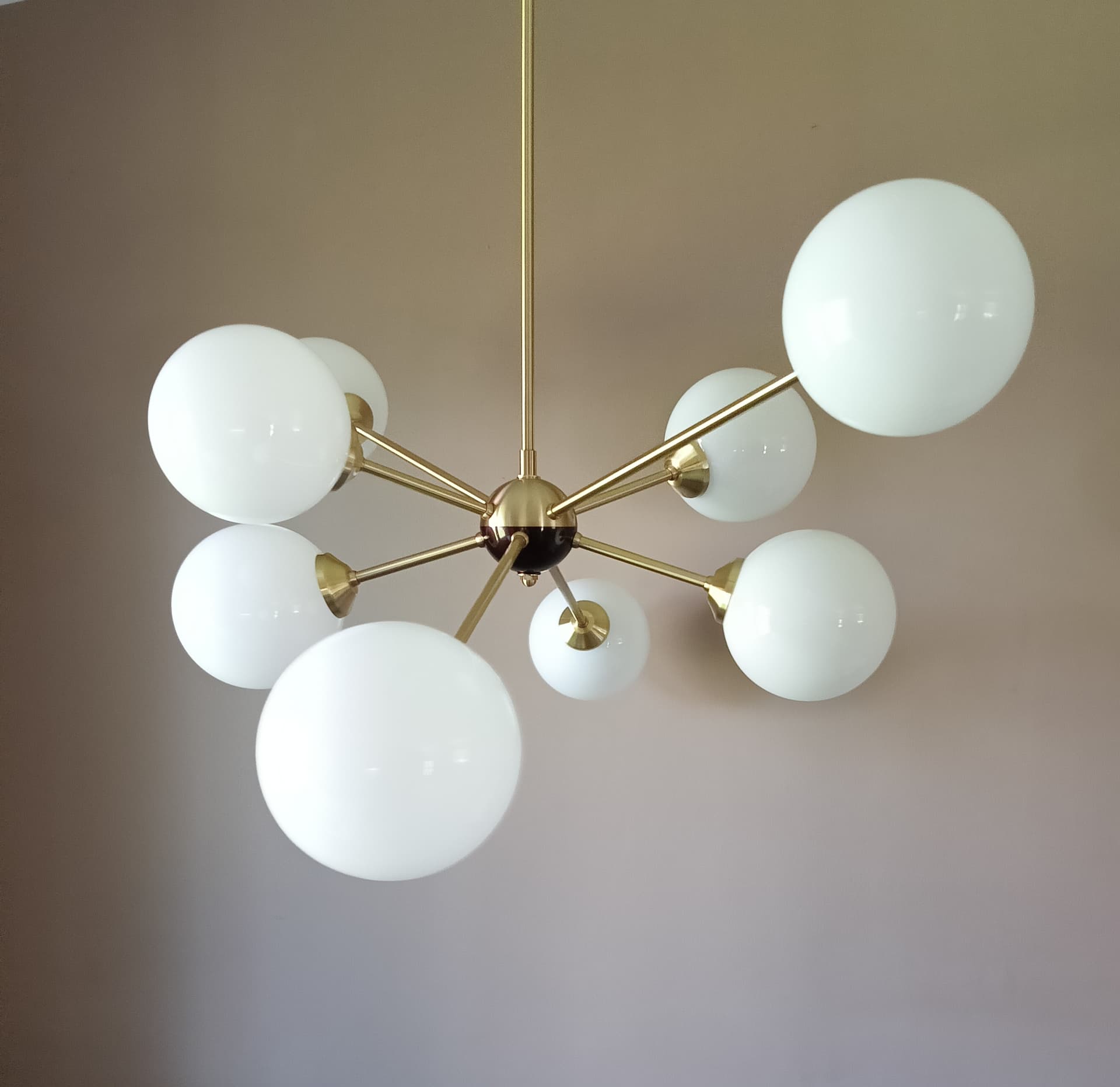 Chandelier Sputnik, gold brass white glass, Germany, 1970s - 333855