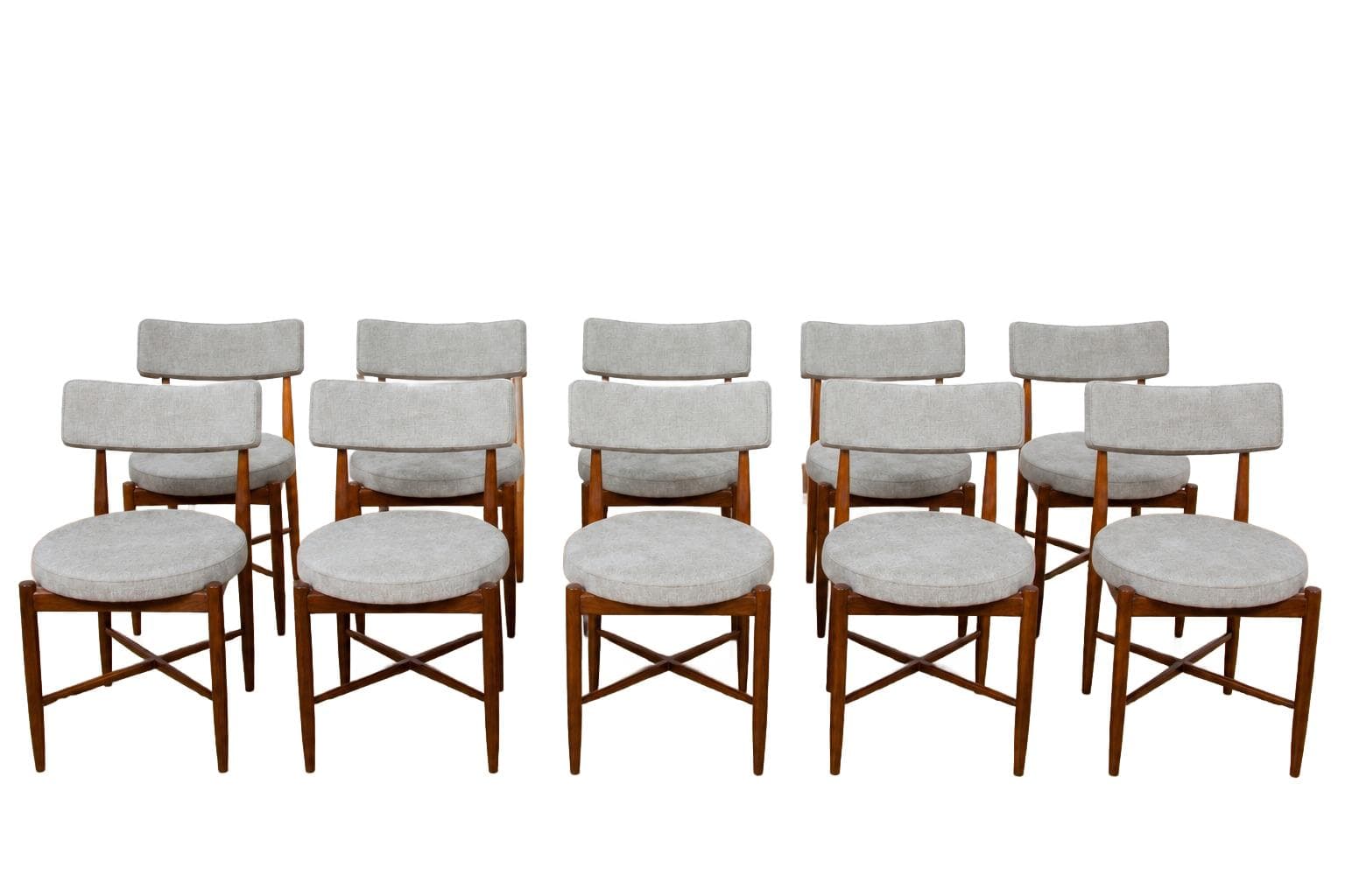 Set of ten chairs, brown teak, grey fabric, by I. Kofod-Larsen, G-Plan, United Kingdom, 1960s.