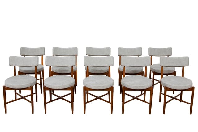 Set of ten chairs, brown teak, grey fabric, by I. Kofod-Larsen, G-Plan, United Kingdom, 1960s. - DIMENSION